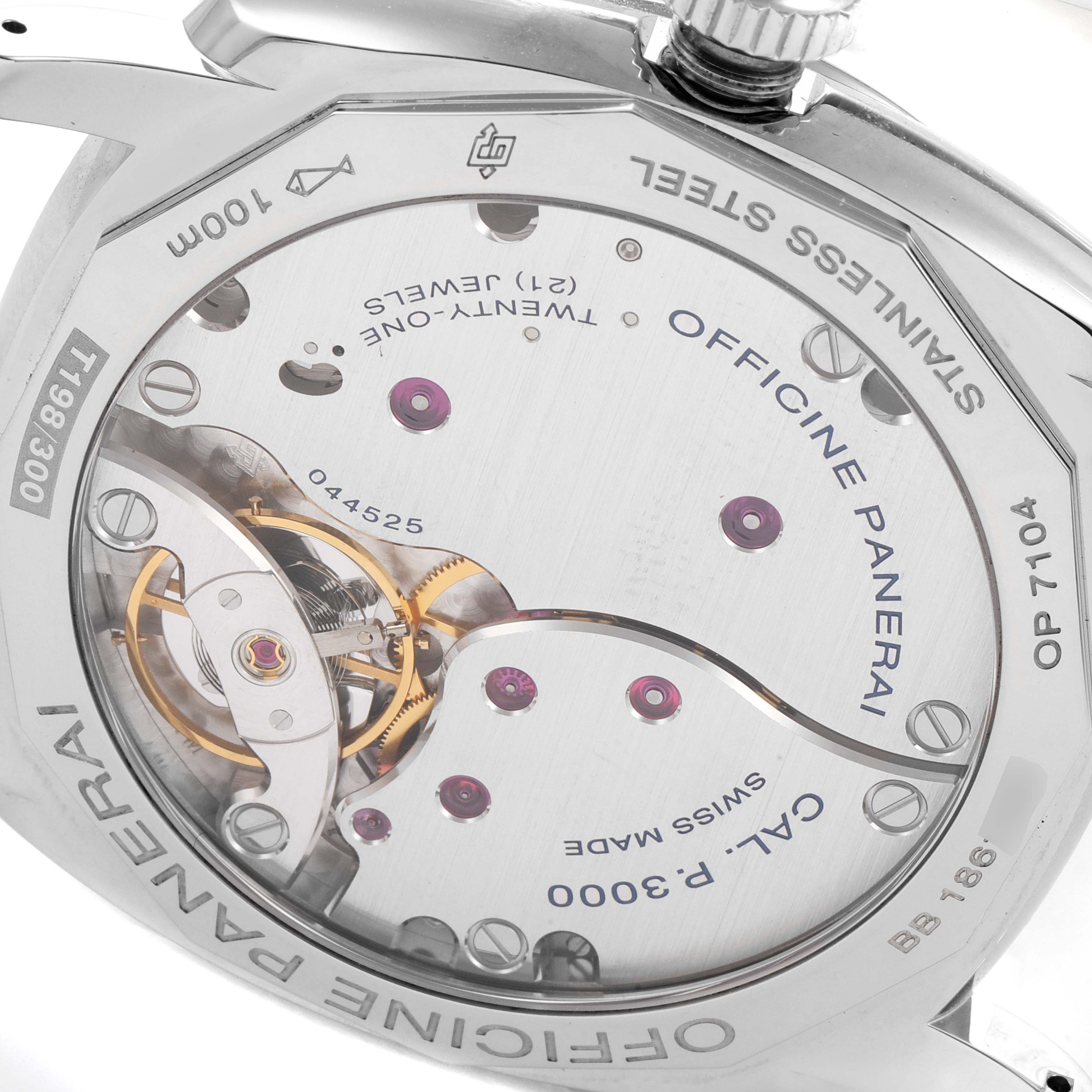 The image shows the back case of the Panerai Radiomir PAM00736 Men's Stainless Steel Green Dial PAM00736 Men's Stainless Steel Green Dial watch, revealing the intricate movement and internal components.