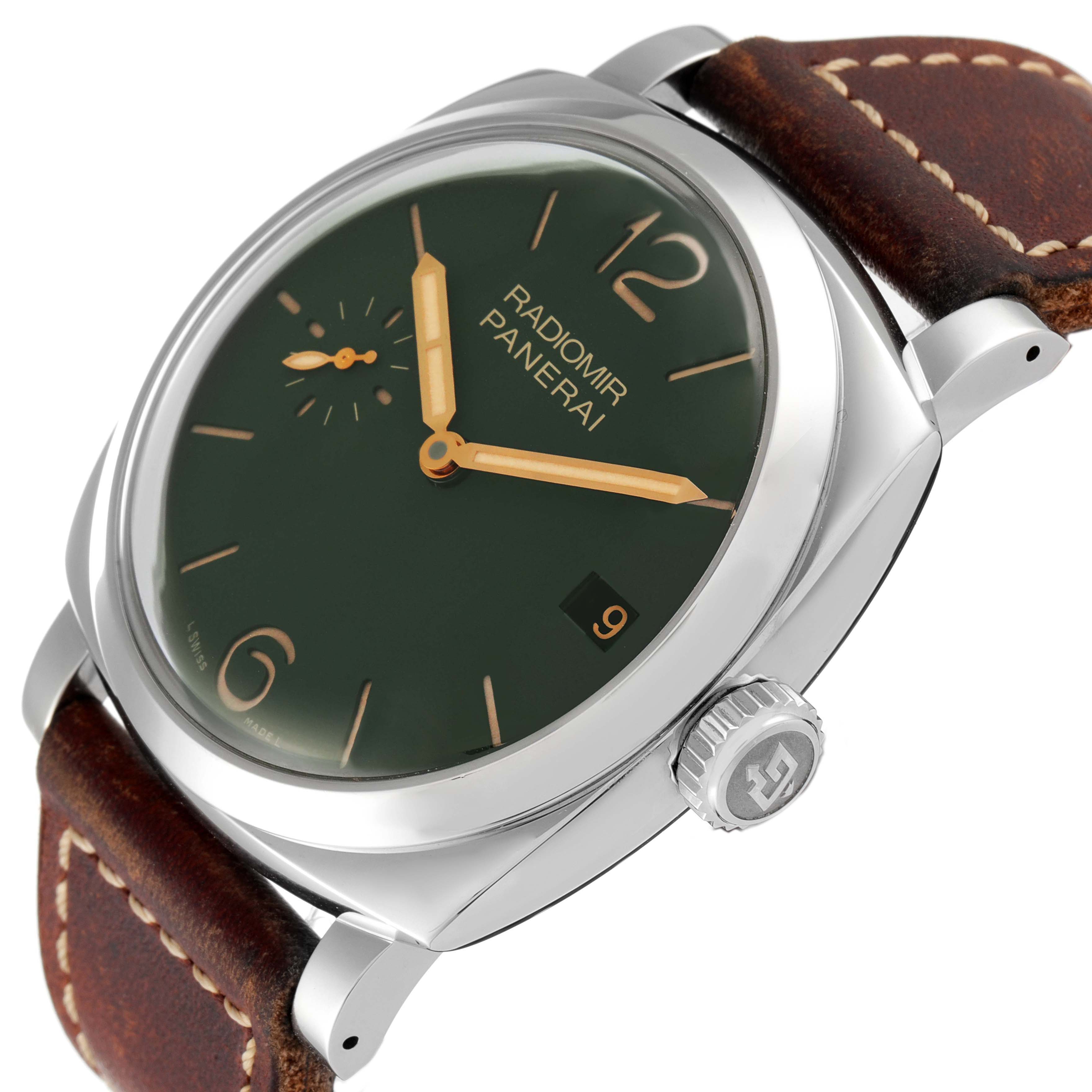 This Panerai Radiomir PAM00736 Men's Stainless Steel Green Dial PAM00736 Men's Stainless Steel Green Dial watch is shown at an angled close-up, highlighting the face, crown, and brown leather strap.