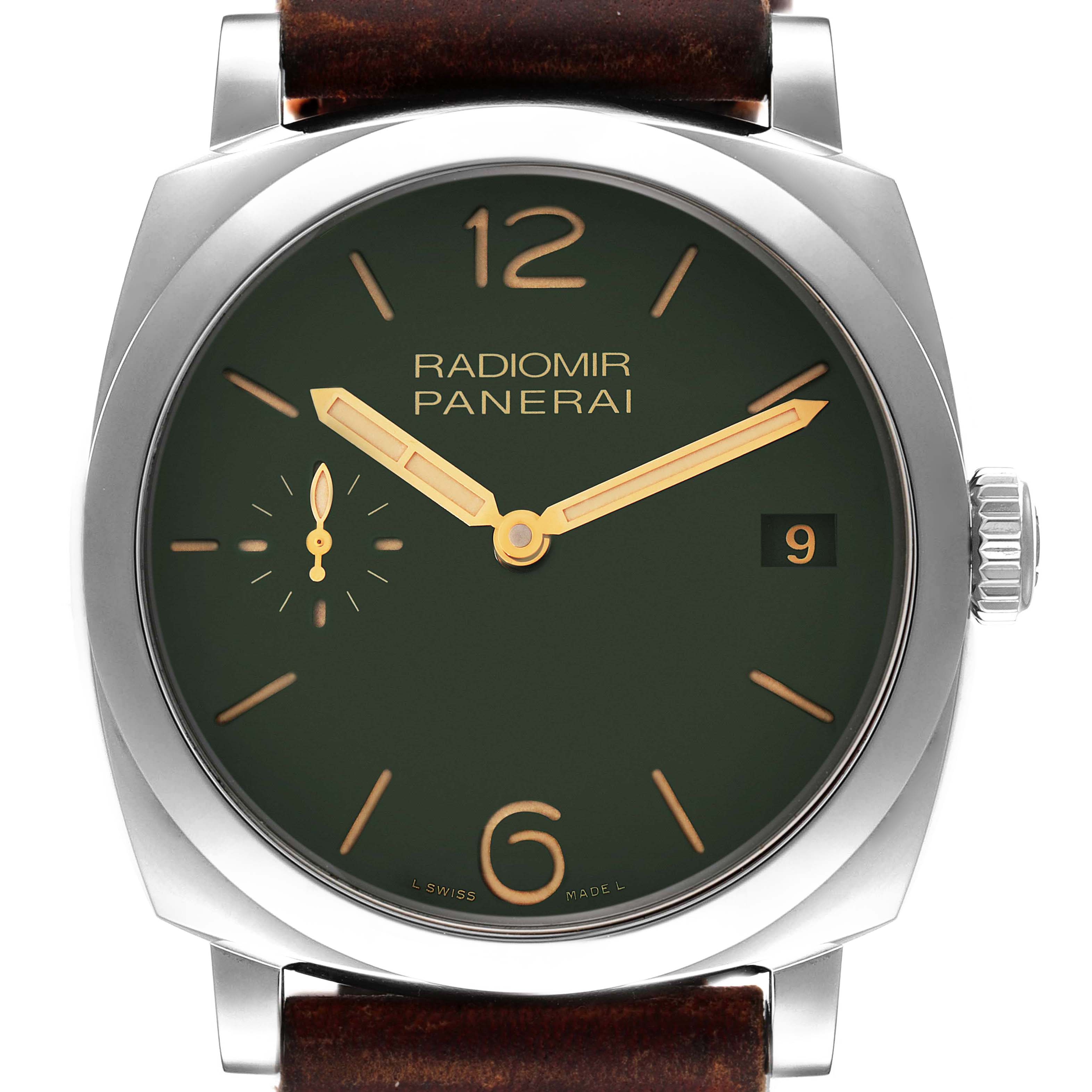 This image shows a close-up frontal view of a Panerai Radiomir PAM00736 Men's Stainless Steel Green Dial PAM00736 Men's Stainless Steel Green Dial watch, highlighting its dial, hands, and crown.