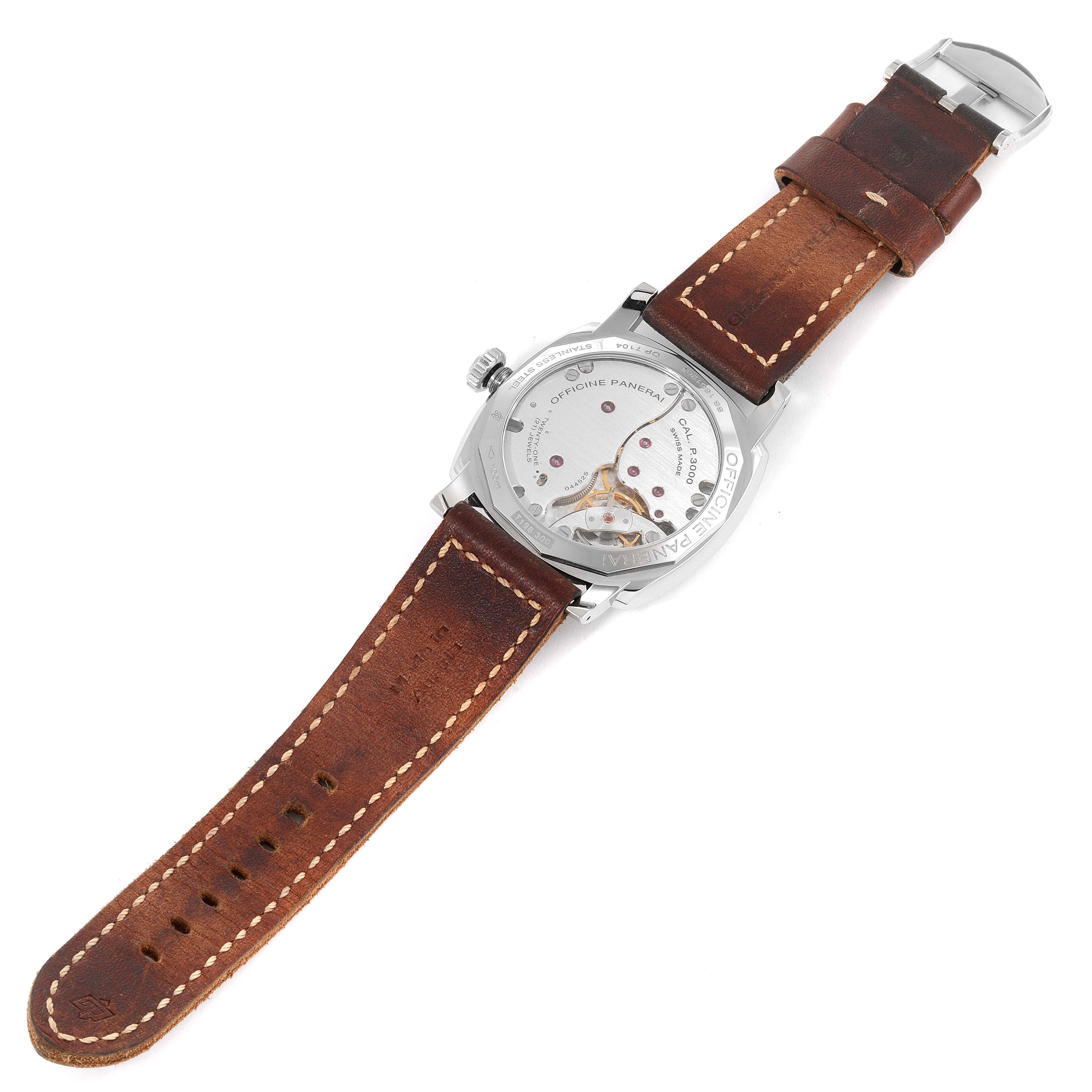 The image shows the back view of the Panerai Radiomir PAM00736 Men's Stainless Steel Green Dial PAM00736 Men's Stainless Steel Green Dial watch, highlighting its transparent case back and brown leather strap.