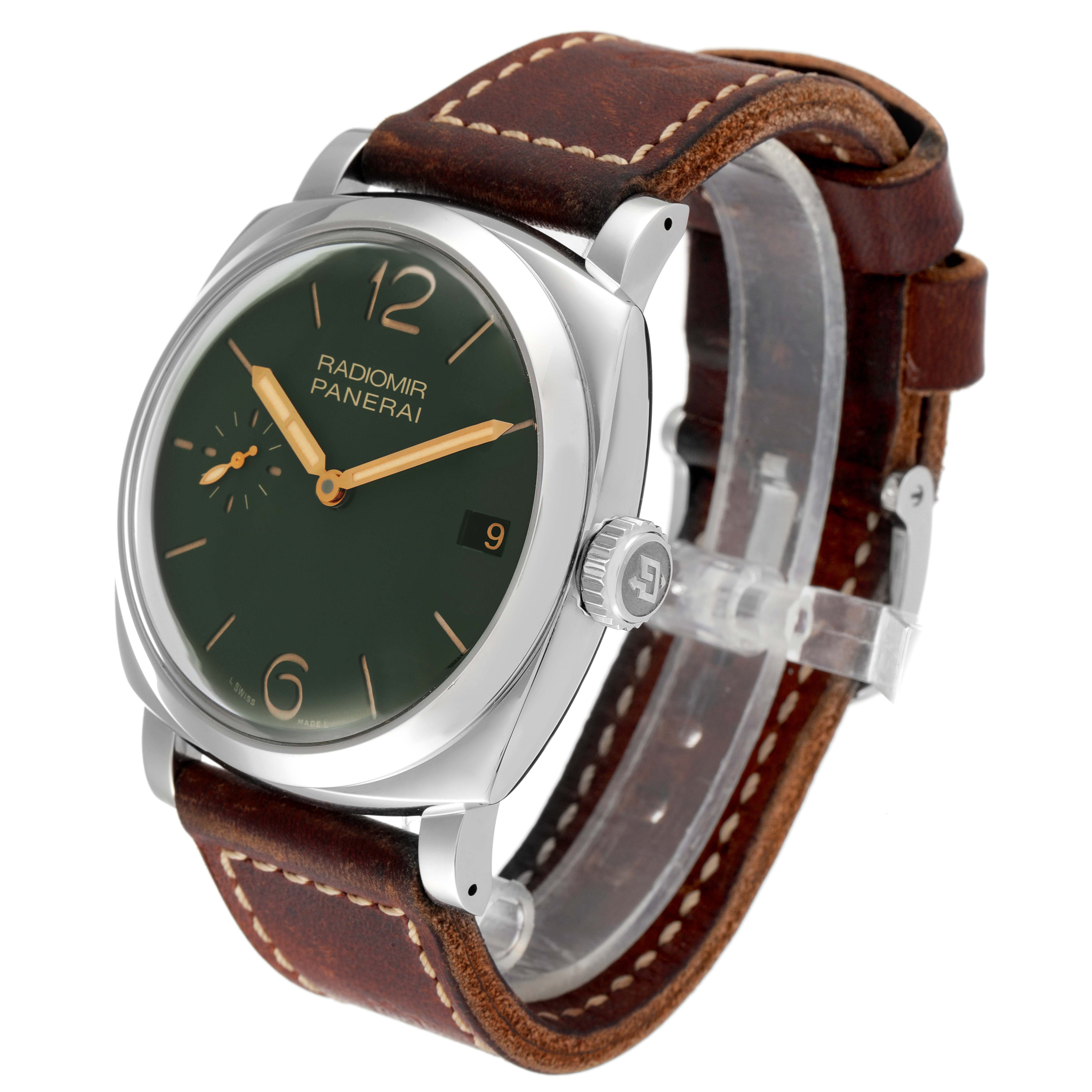 The image shows a Panerai Radiomir PAM00736 Men's Stainless Steel Green Dial PAM00736 Men's Stainless Steel Green Dial watch at a three-quarter angle, highlighting the face, crown, and brown leather strap.
