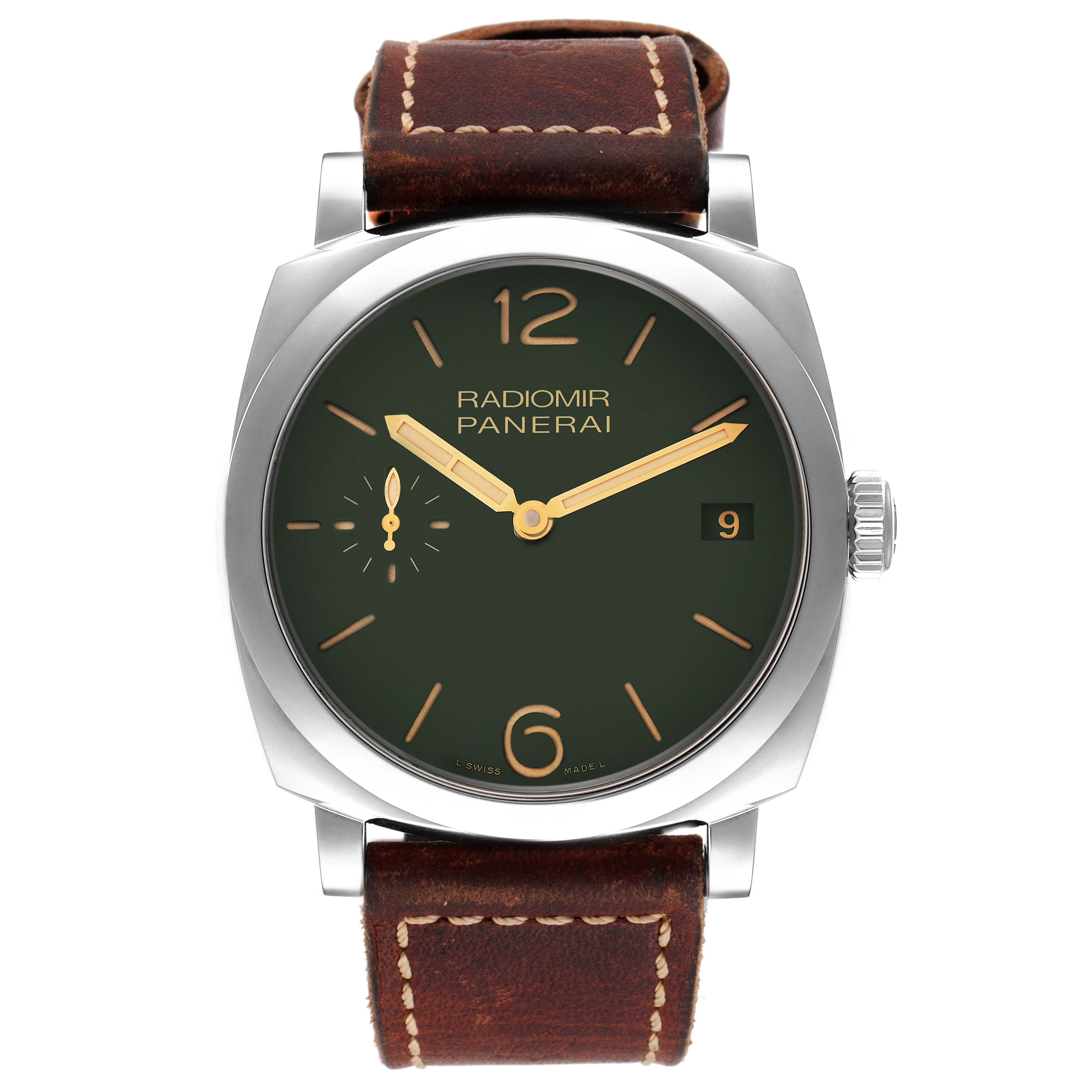This image shows a front view of a Panerai Radiomir PAM00736 Men's Stainless Steel Green Dial PAM00736 Men's Stainless Steel Green Dial watch, highlighting its dial, hands, strap, and date display.