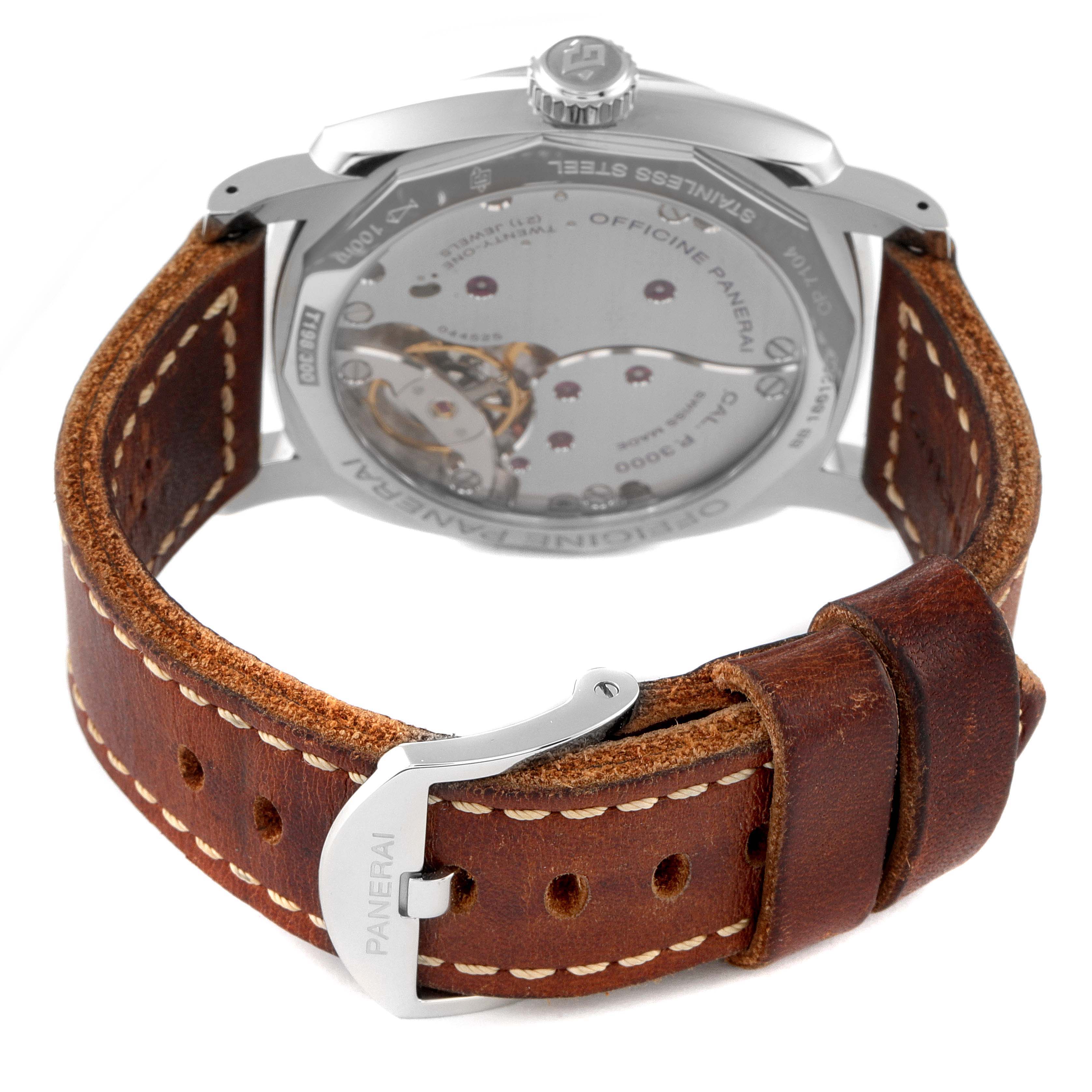 This image shows the back of a Panerai Radiomir PAM00736 Men's Stainless Steel Green Dial PAM00736 Men's Stainless Steel Green Dial watch, highlighting its movement, leather strap, and buckle.