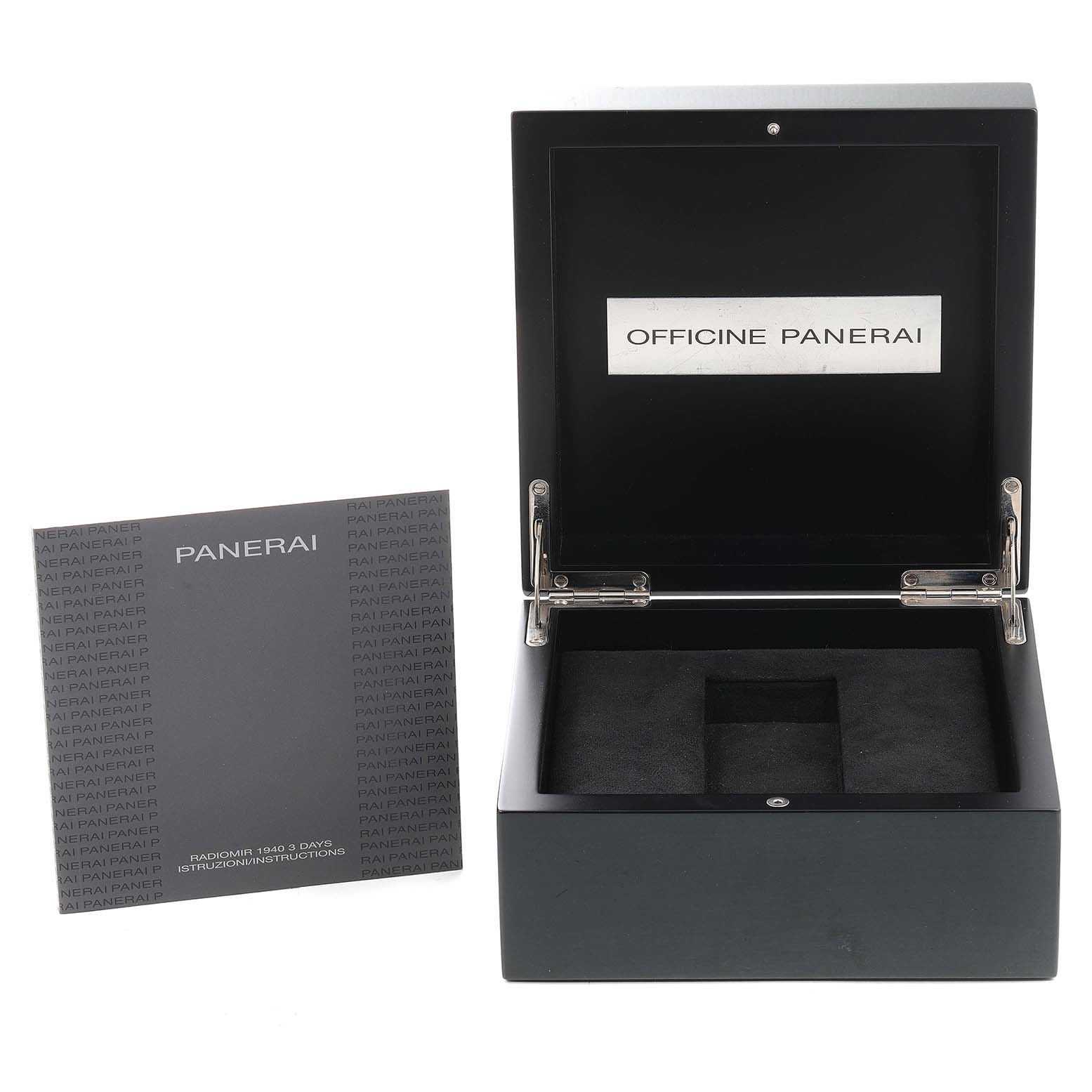 The image shows an open Panerai Radiomir PAM00736 Men's Stainless Steel Green Dial PAM00736 Men's Stainless Steel Green Dial watch box alongside an instruction manual.