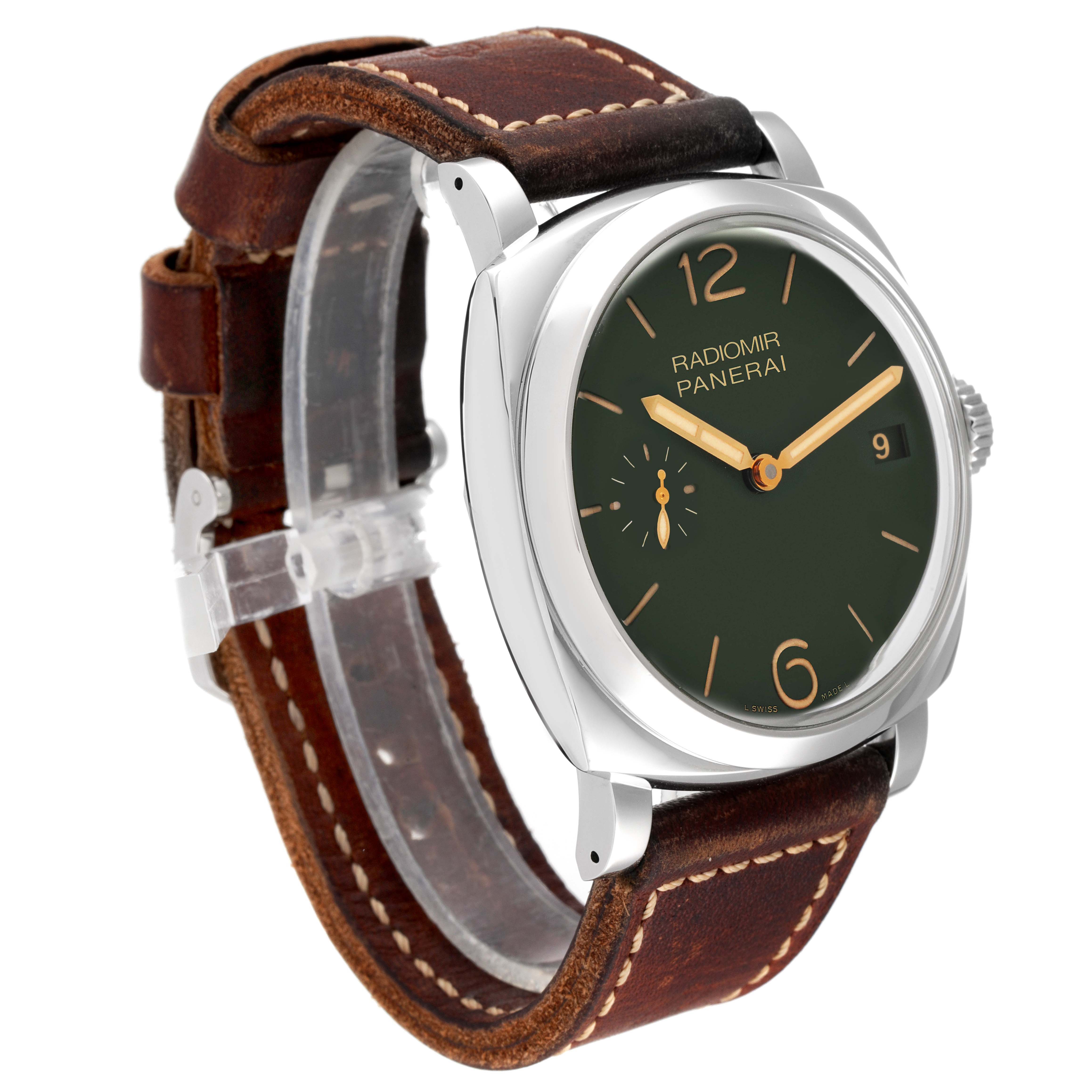 The image shows a Panerai Radiomir PAM00736 Men's Stainless Steel Green Dial PAM00736 Men's Stainless Steel Green Dial watch from an angled side view, highlighting its face, case, and leather strap.