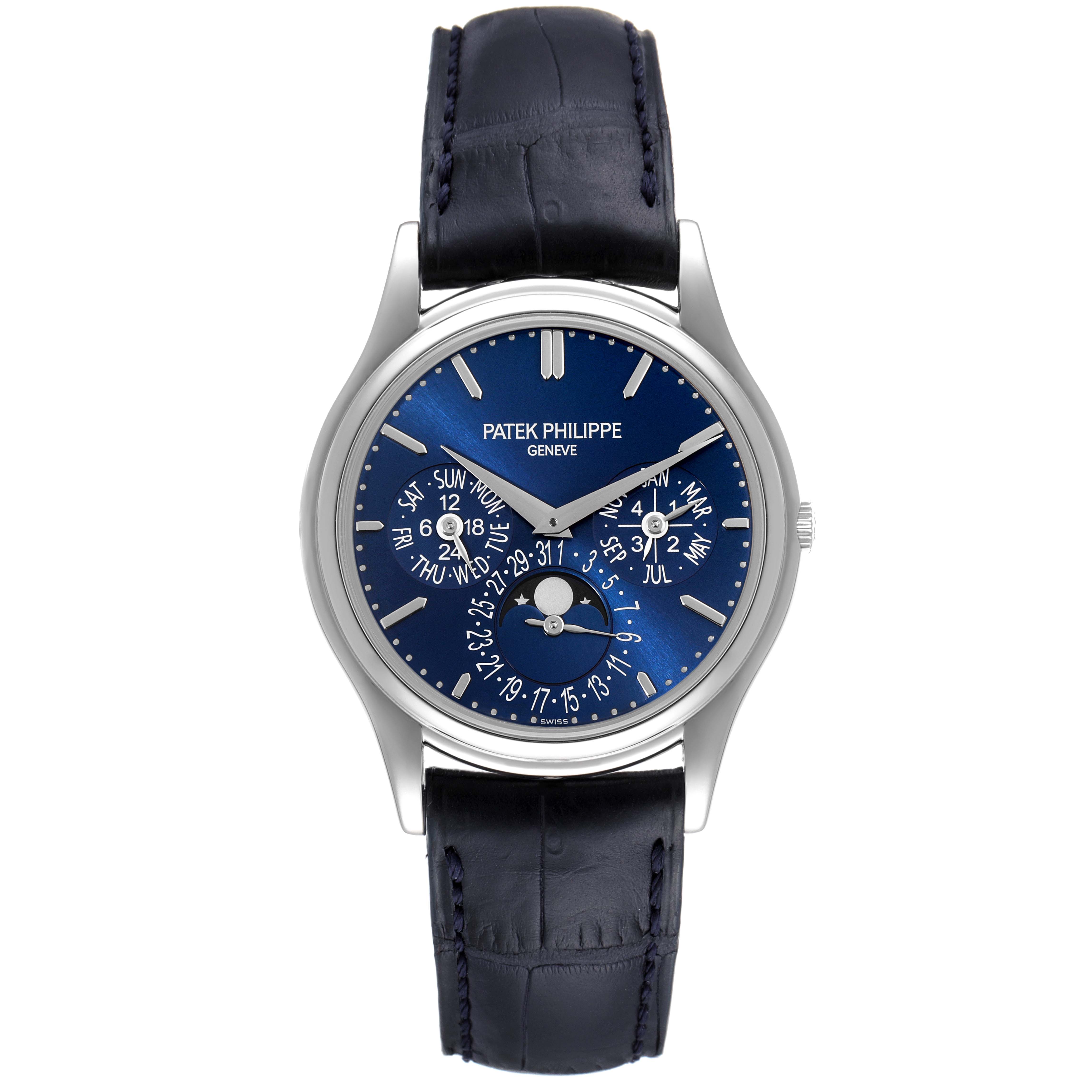 The image shows a front view of the Patek Philippe Complications 5140P-001 Men's Platinum Blue Dial 5140P-001 Men's Platinum Blue Dial model watch with a blue dial and leather strap.