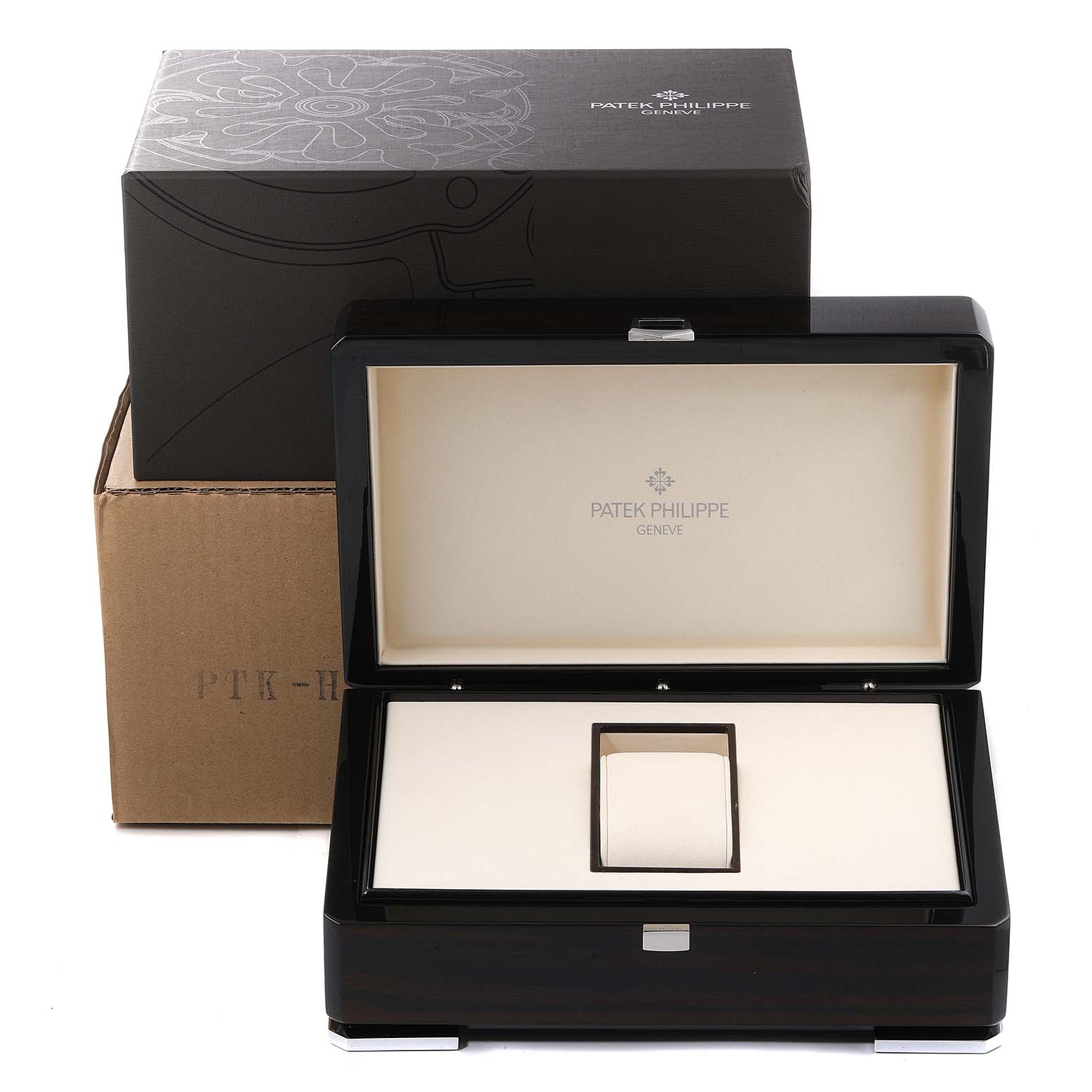 The image shows a Patek Philippe Complications 5140P-001 Men's Platinum Blue Dial 5140P-001 Men's Platinum Blue Dial watch box open, placed in front of its outer packaging.