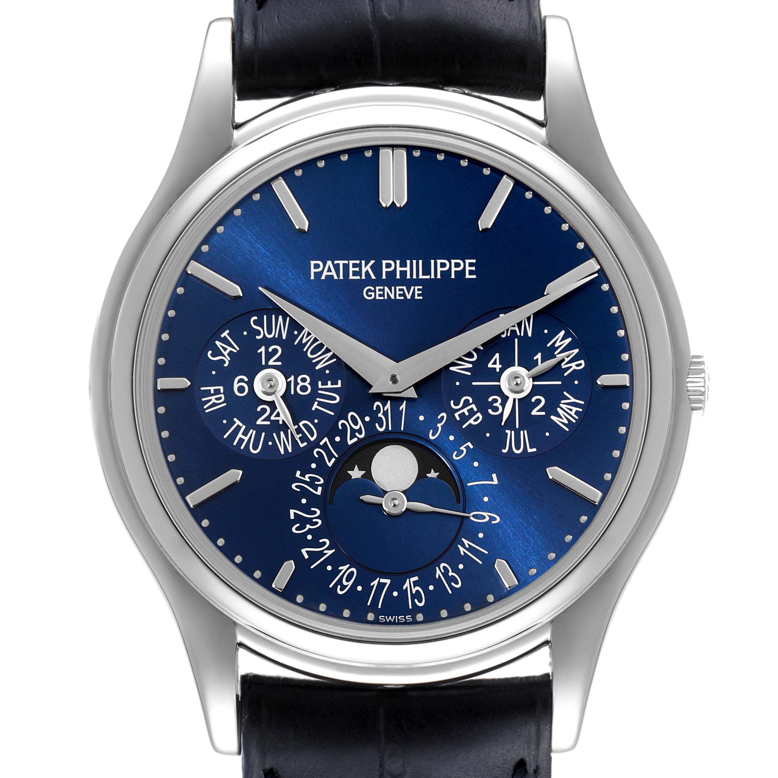 The image shows a front view of the Patek Philippe Complications 5140P-001 Men's Platinum Blue Dial 5140P-001 Men's Platinum Blue Dial watch highlighting its blue dial with multiple calendar complications and moon phase.