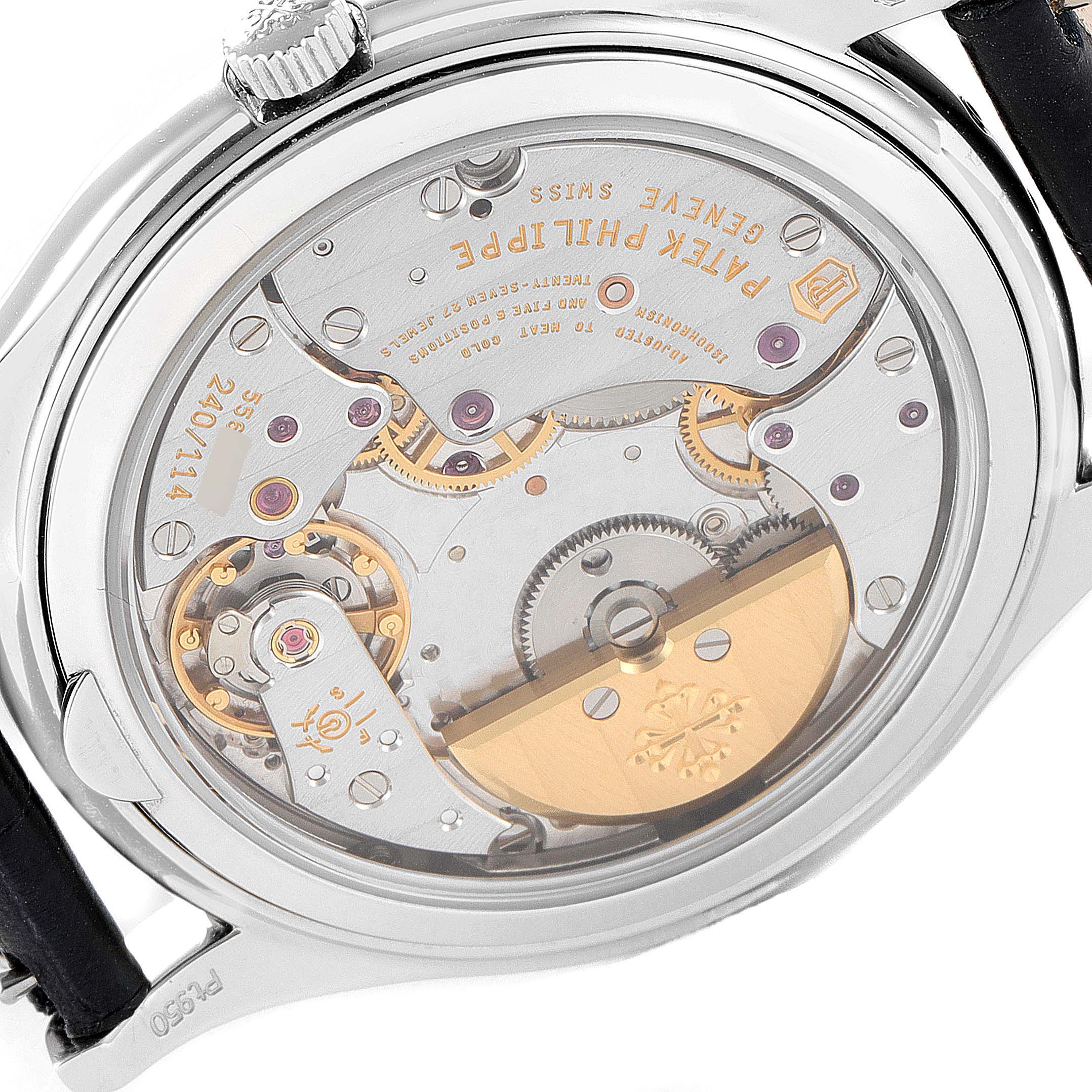 The image shows the back view of the Patek Philippe Complications 5140P-001 Men's Platinum Blue Dial 5140P-001 Men's Platinum Blue Dial model, showcasing its intricate internal mechanism and movement components.