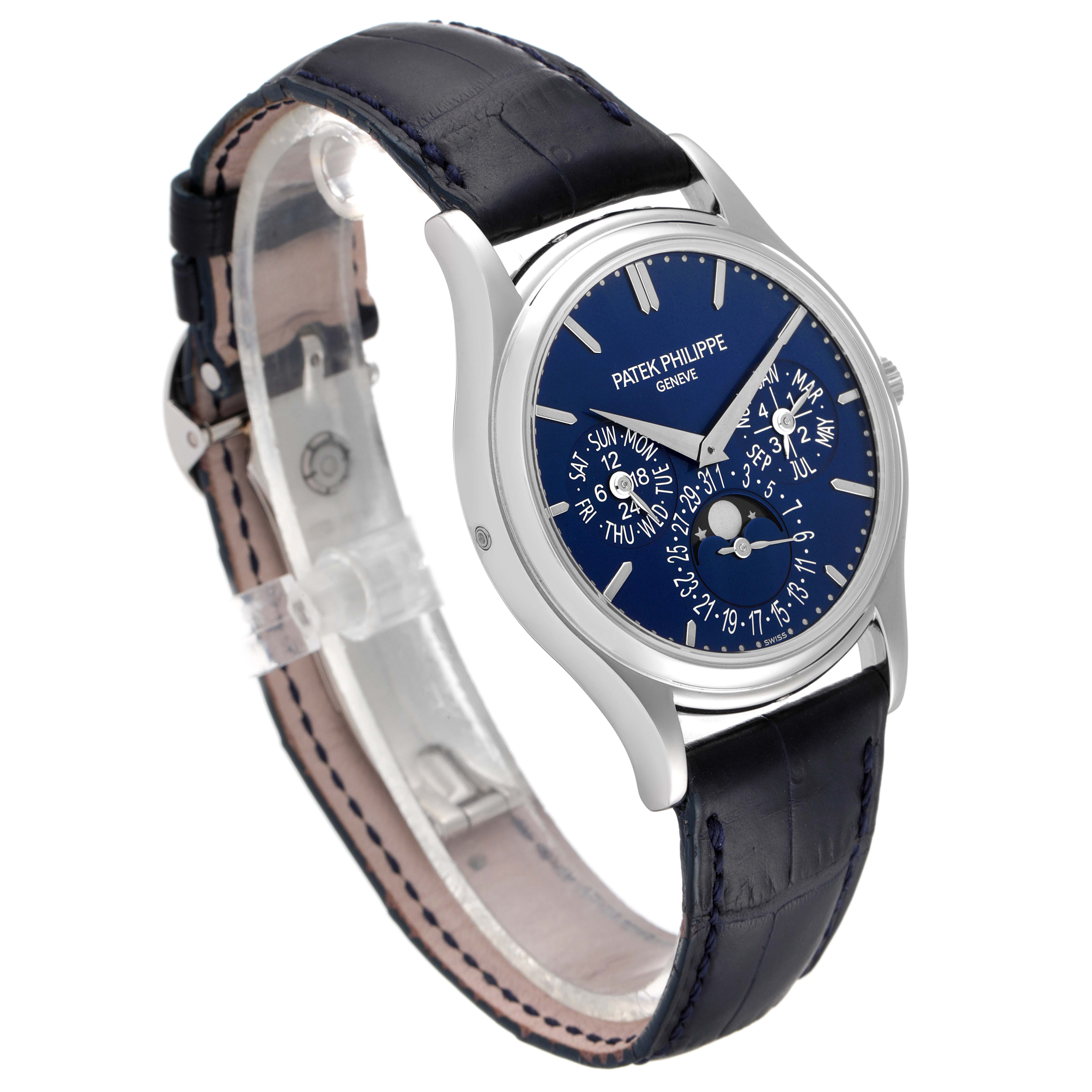 This image shows a side-angle view of a Patek Philippe Complications 5140P-001 Men's Platinum Blue Dial 5140P-001 Men's Platinum Blue Dial model watch, highlighting its dial, case, and strap.