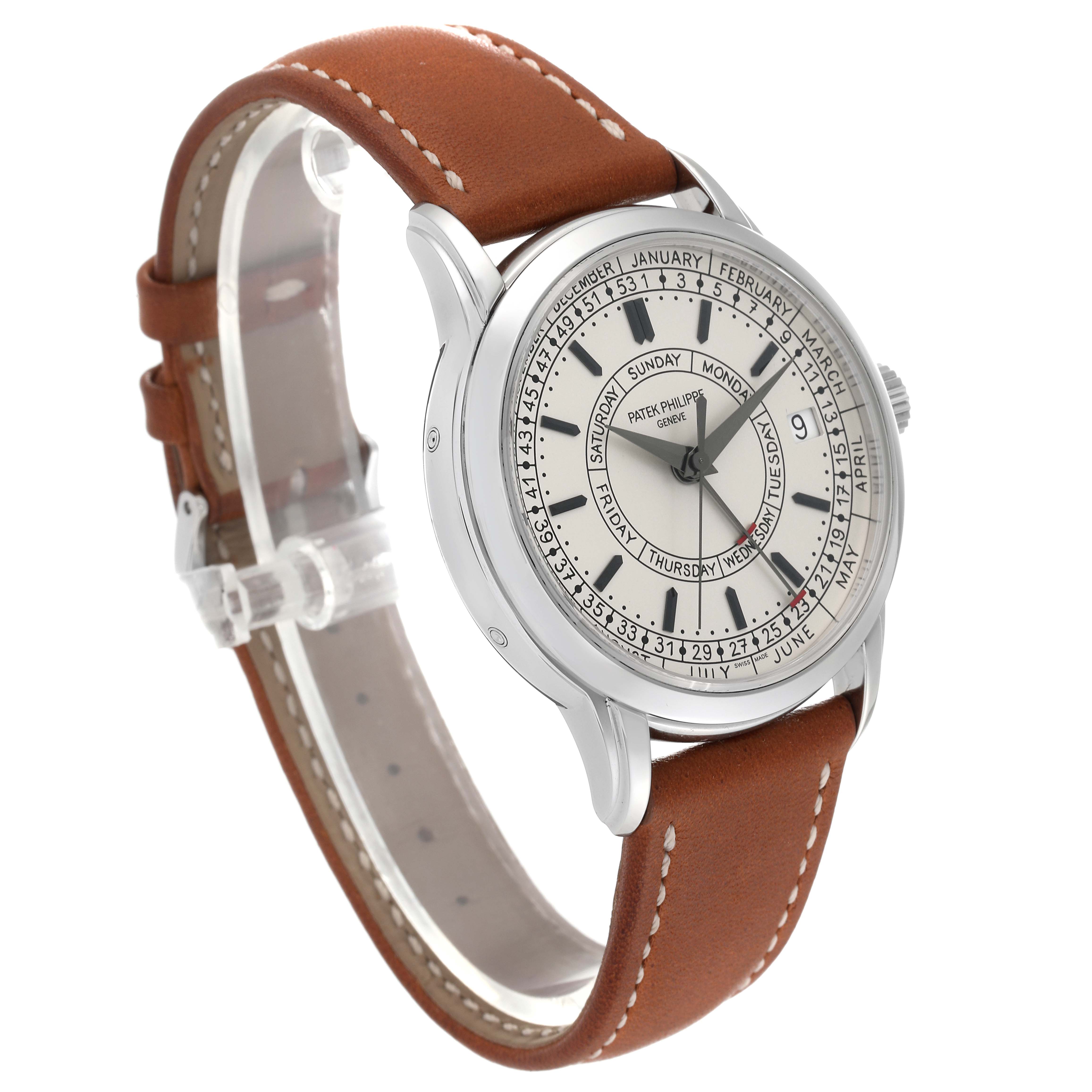 The image shows a Patek Philippe Complications 5212A Men
s Stainless Steel Silver Dial 5212A Men
s Stainless Steel Silver Dial watch at a three-quarter angle, highlighting the face, bezel, crown, and brown leather strap.