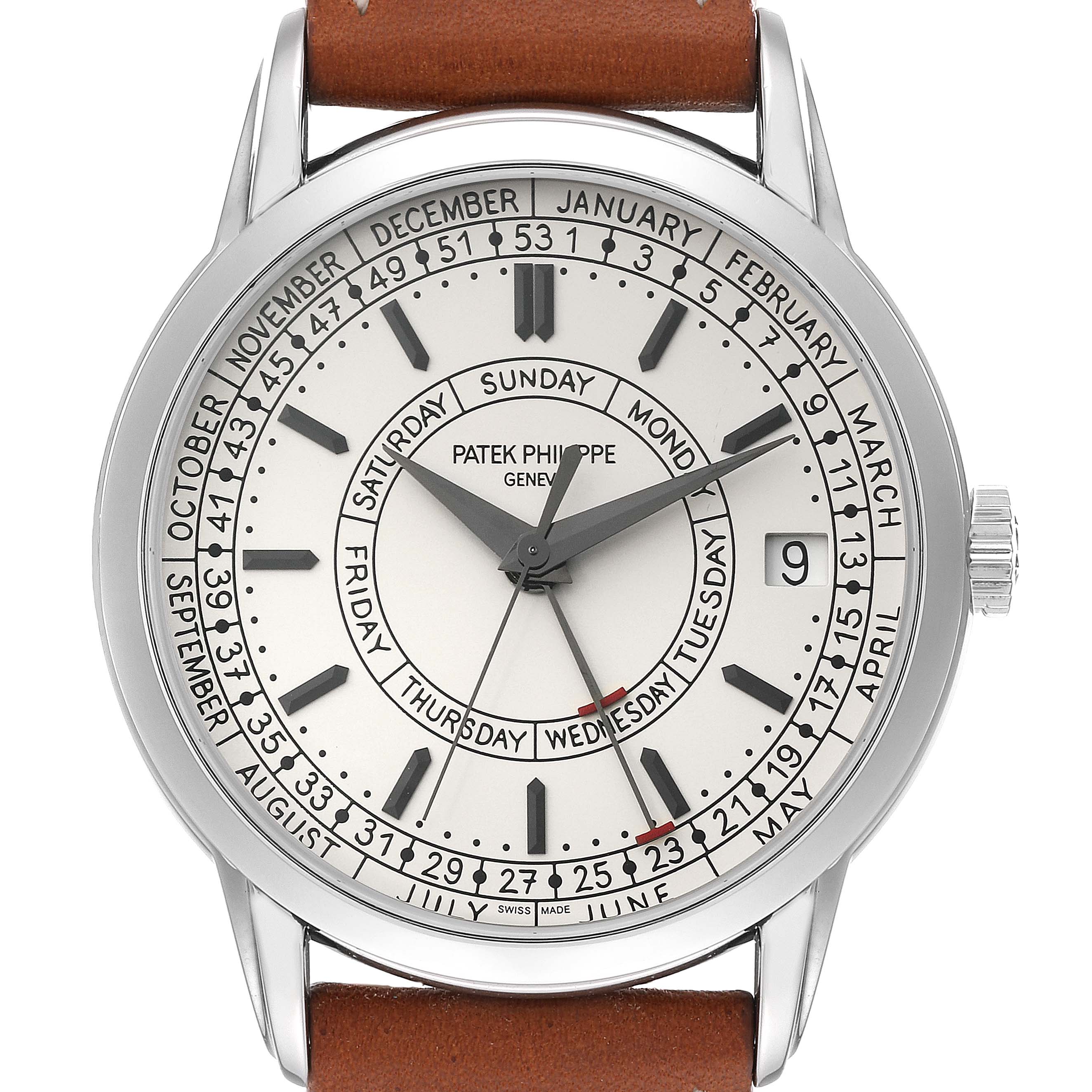 The image shows a front view of the Patek Philippe Complications 5212A Men
s Stainless Steel Silver Dial 5212A Men
s Stainless Steel Silver Dial watch, displaying days, dates, and months on the dial.