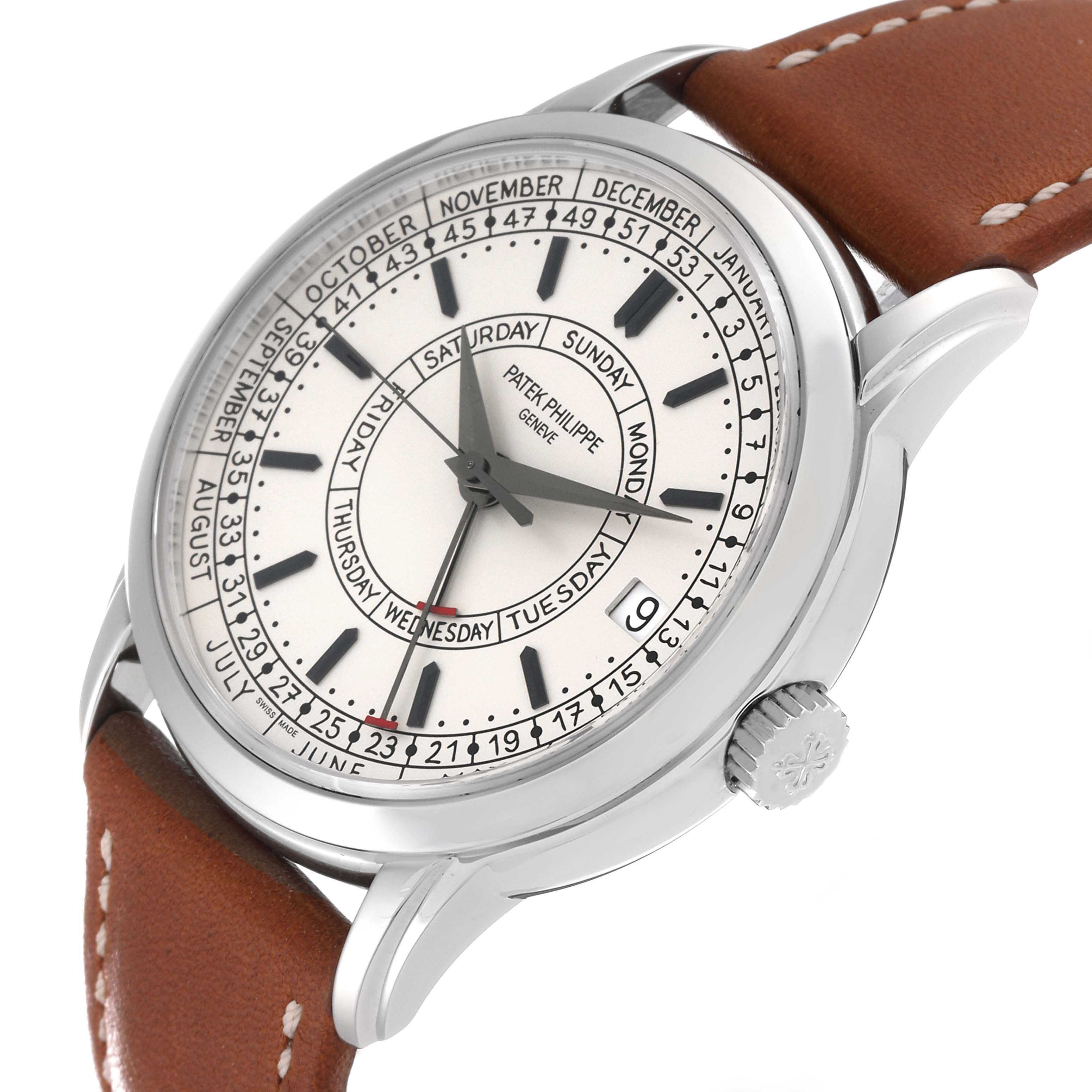 The image shows a Patek Philippe Complications 5212A Men
s Stainless Steel Silver Dial 5212A Men
s Stainless Steel Silver Dial watch at a slight angle, highlighting the dial, brown leather strap, and crown.