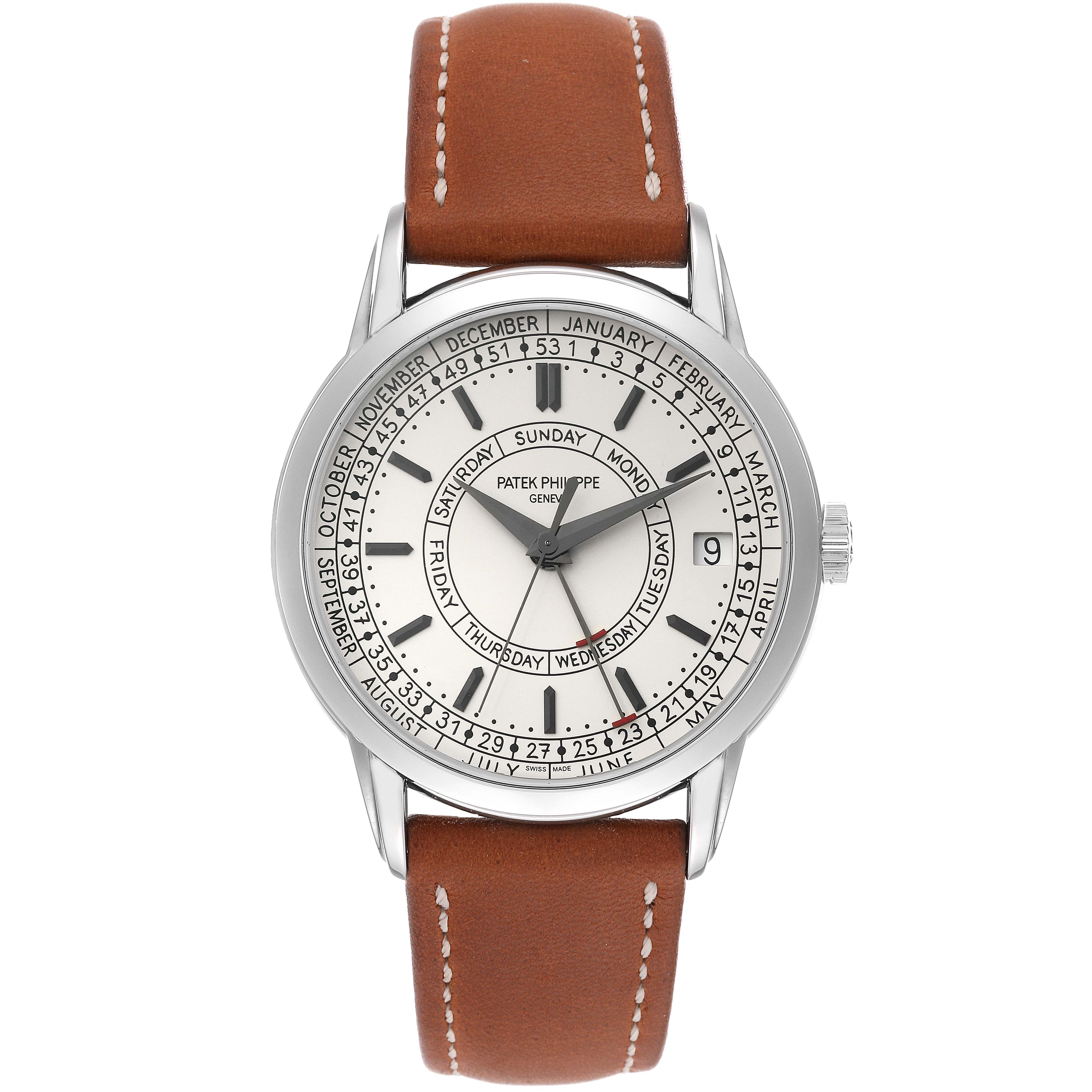 This image shows a front view of the Patek Philippe Complications 5212A Men
s Stainless Steel Silver Dial 5212A Men
s Stainless Steel Silver Dial model watch with a brown leather strap and detailed dial.