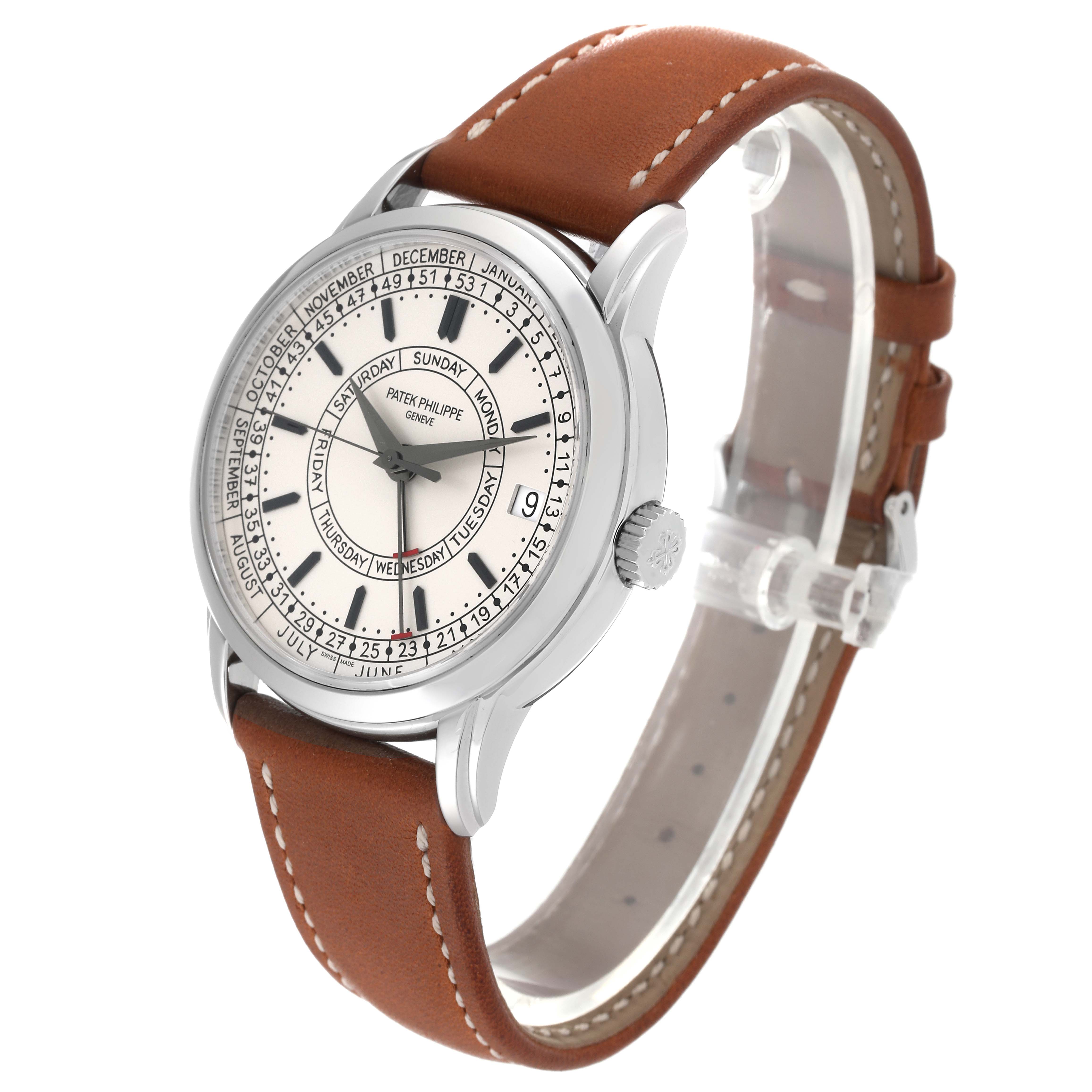 The Patek Philippe Complications 5212A Men
s Stainless Steel Silver Dial 5212A Men
s Stainless Steel Silver Dial watch is shown at a three-quarter angle, displaying the face, bezel, crown, and brown leather strap.