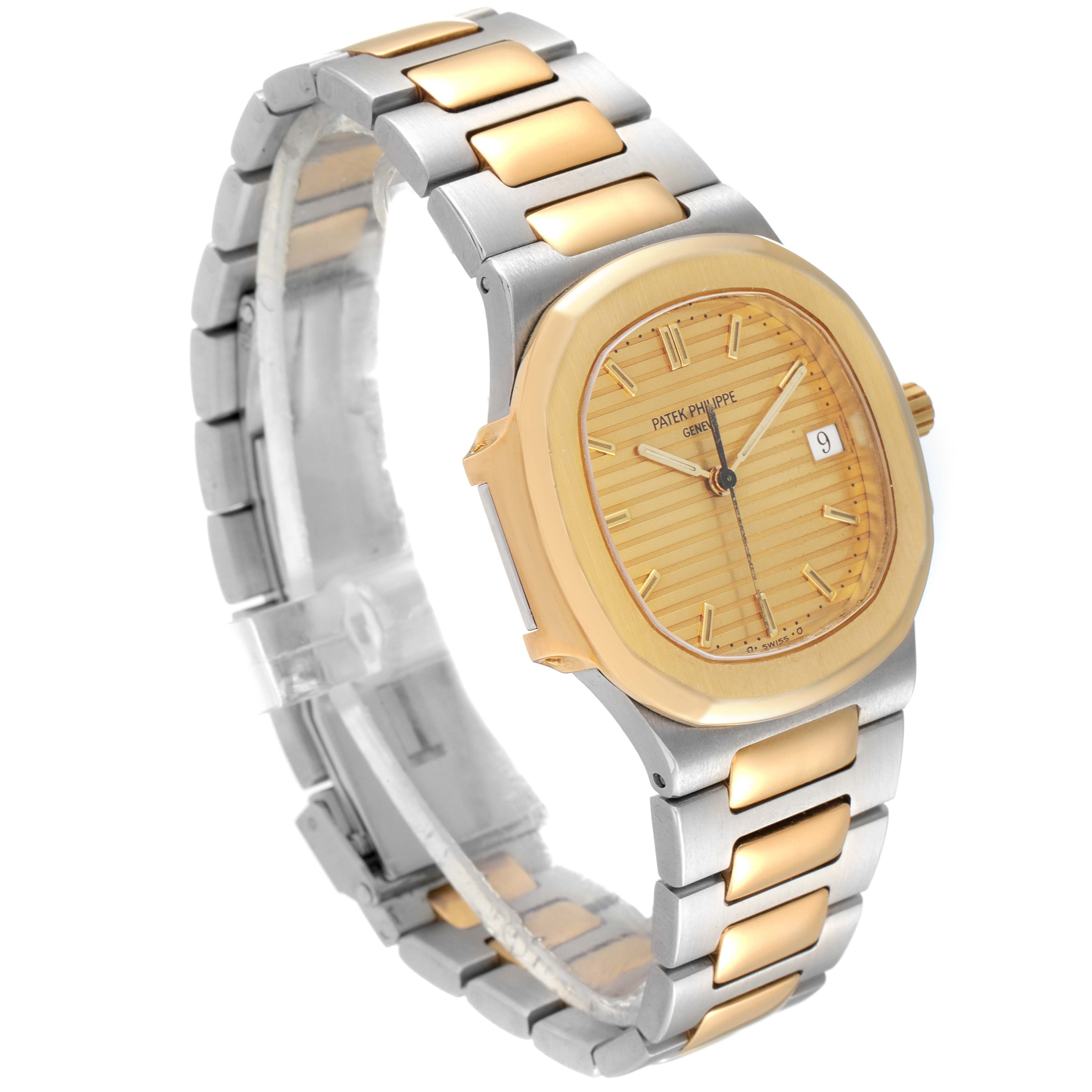 The Patek Philippe Nautilus 3900/1J Women's Steel and Gold (two tone) Champagne Dial 3900/1J Women's Steel and Gold (two tone) Champagne Dial watch is pictured at a three-quarter angle, showing the face, bezel, and part of the bracelet.