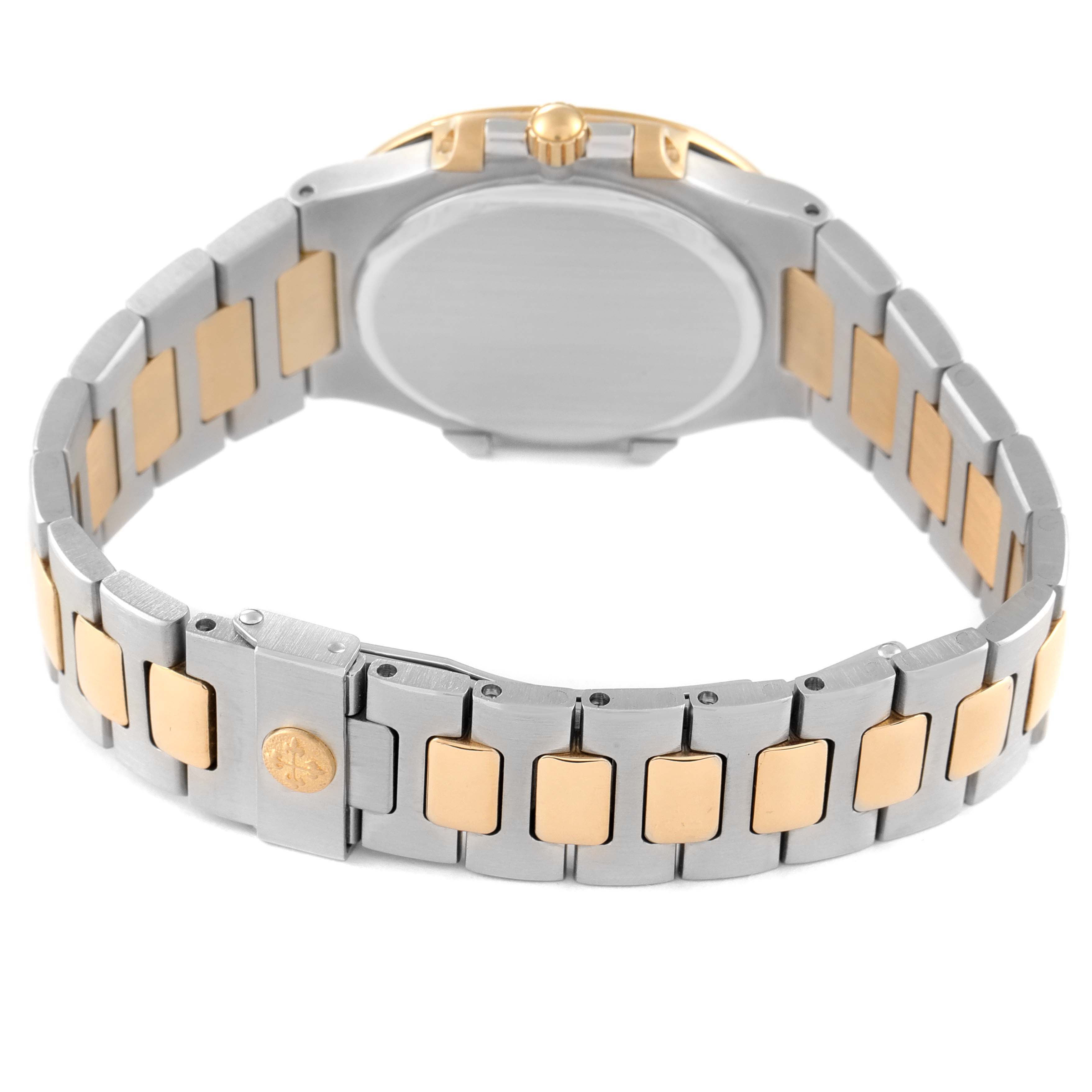 This image shows the back and clasp of a two-tone Patek Philippe Nautilus 3900/1J Women's Steel and Gold (two tone) Champagne Dial 3900/1J Women's Steel and Gold (two tone) Champagne Dial watch, highlighting the two-tone bracelet.