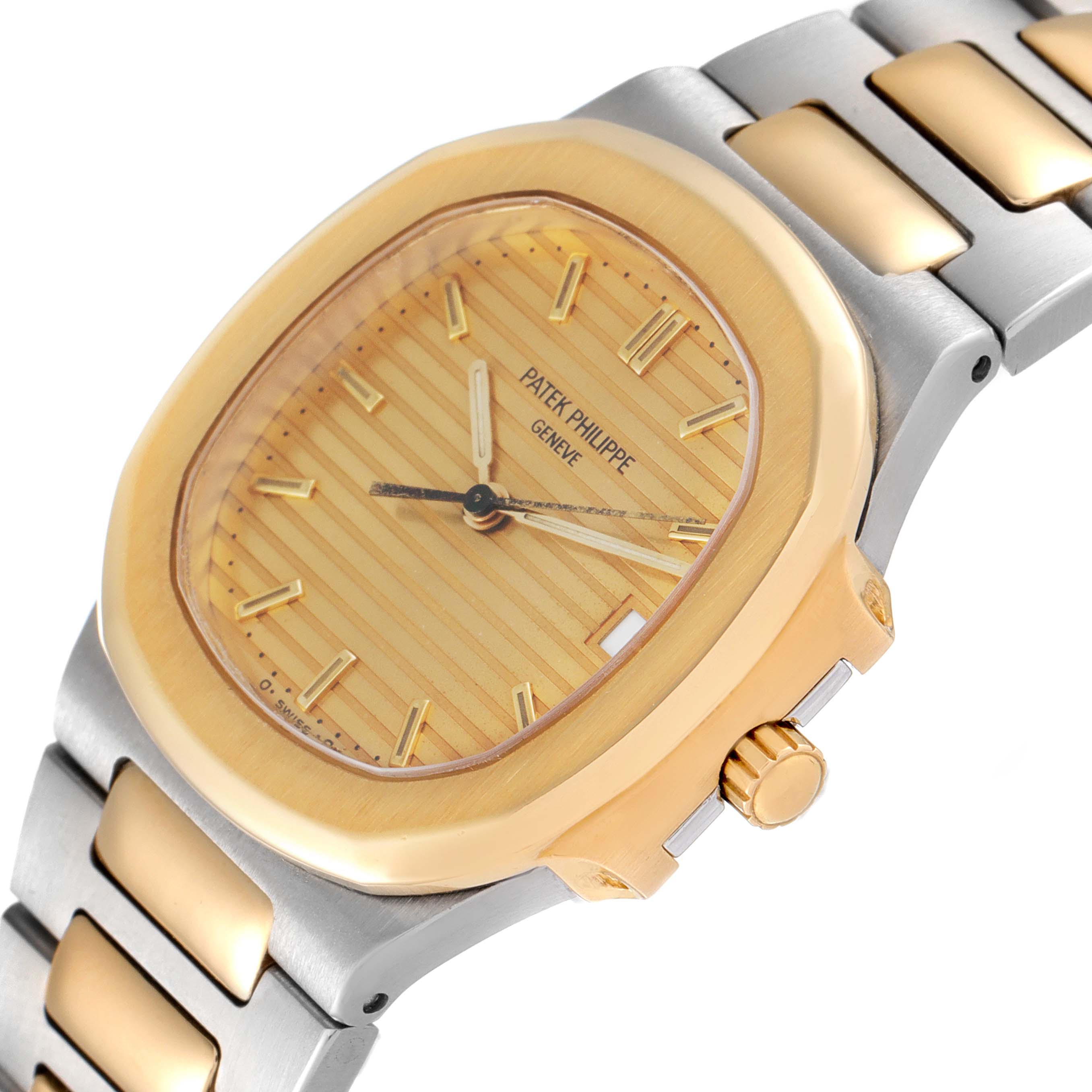 This image shows a close-up angled view of the front and side of the Patek Philippe Nautilus 3900/1J Women's Steel and Gold (two tone) Champagne Dial 3900/1J Women's Steel and Gold (two tone) Champagne Dial model watch.