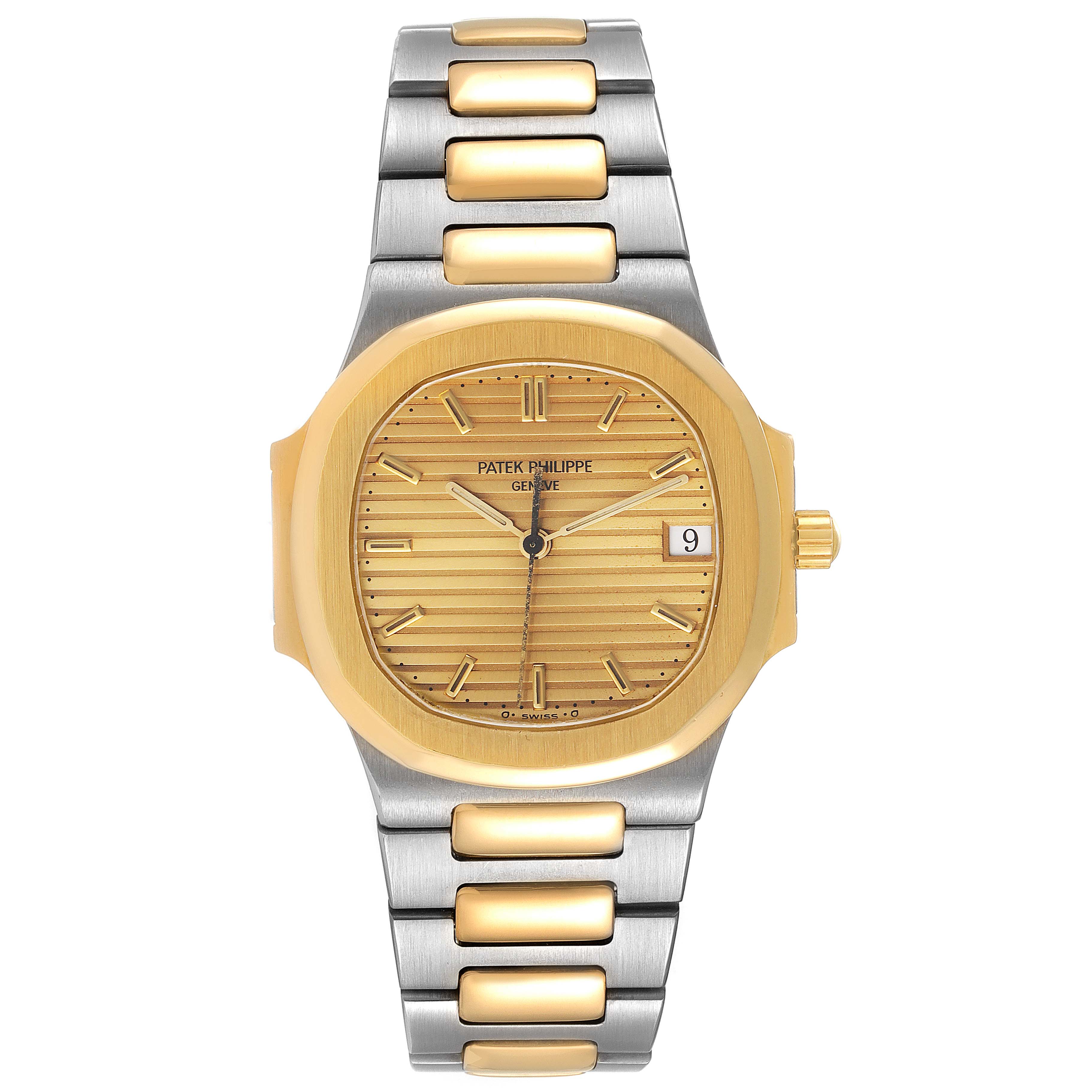 The image shows a front view of a Patek Philippe Nautilus 3900/1J Women's Steel and Gold (two tone) Champagne Dial 3900/1J Women's Steel and Gold (two tone) Champagne Dial watch, displaying its face, dial, hands, bracelet, and clasp.