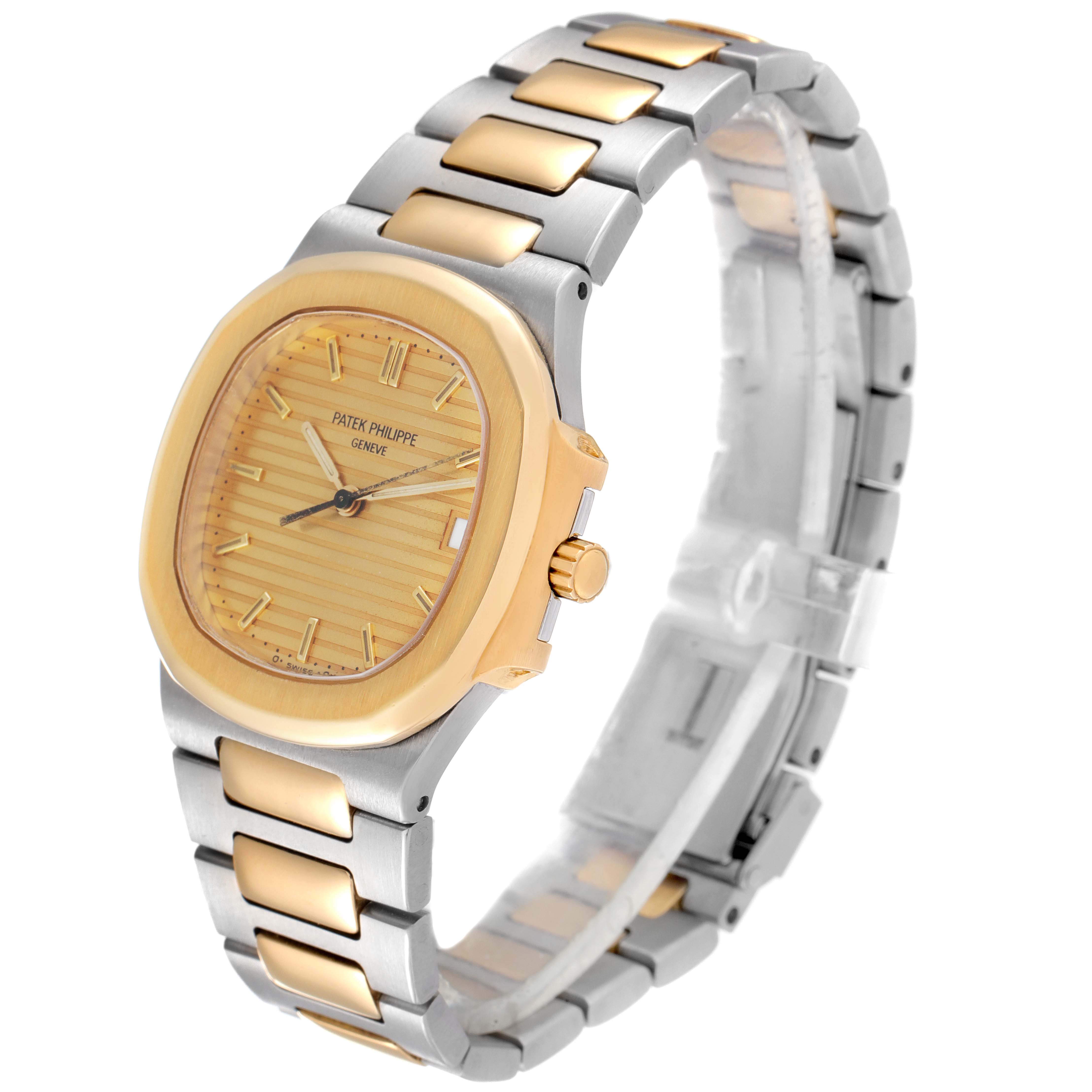 This image shows a Patek Philippe Nautilus 3900/1J Women's Steel and Gold (two tone) Champagne Dial 3900/1J Women's Steel and Gold (two tone) Champagne Dial watch at a three-quarter angle, highlighting the case, dial, bracelet, and crown.