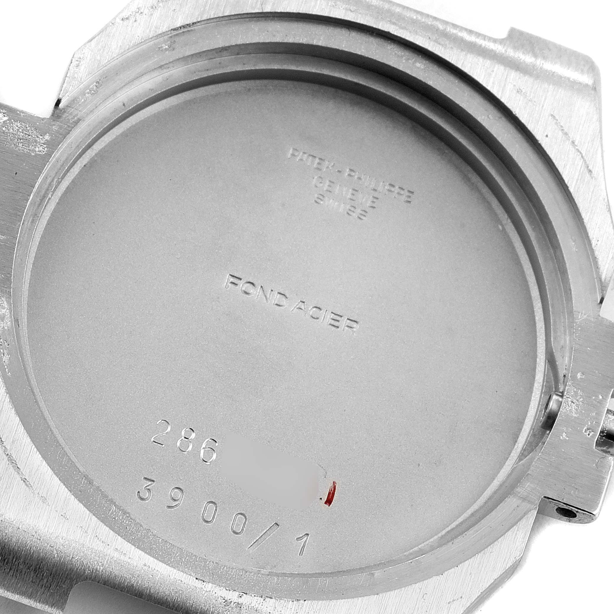 The image shows the inner case back of a Patek Philippe Nautilus 3900/1J Women's Steel and Gold (two tone) Champagne Dial 3900/1J Women's Steel and Gold (two tone) Champagne Dial watch, model number 3900/1.