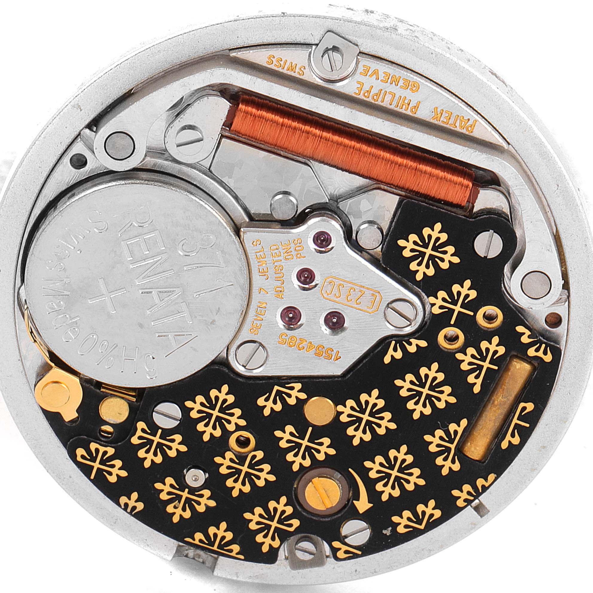 This image shows a close-up view of the movement mechanism of a Patek Philippe Nautilus 3900/1J Women's Steel and Gold (two tone) Champagne Dial 3900/1J Women's Steel and Gold (two tone) Champagne Dial watch model.