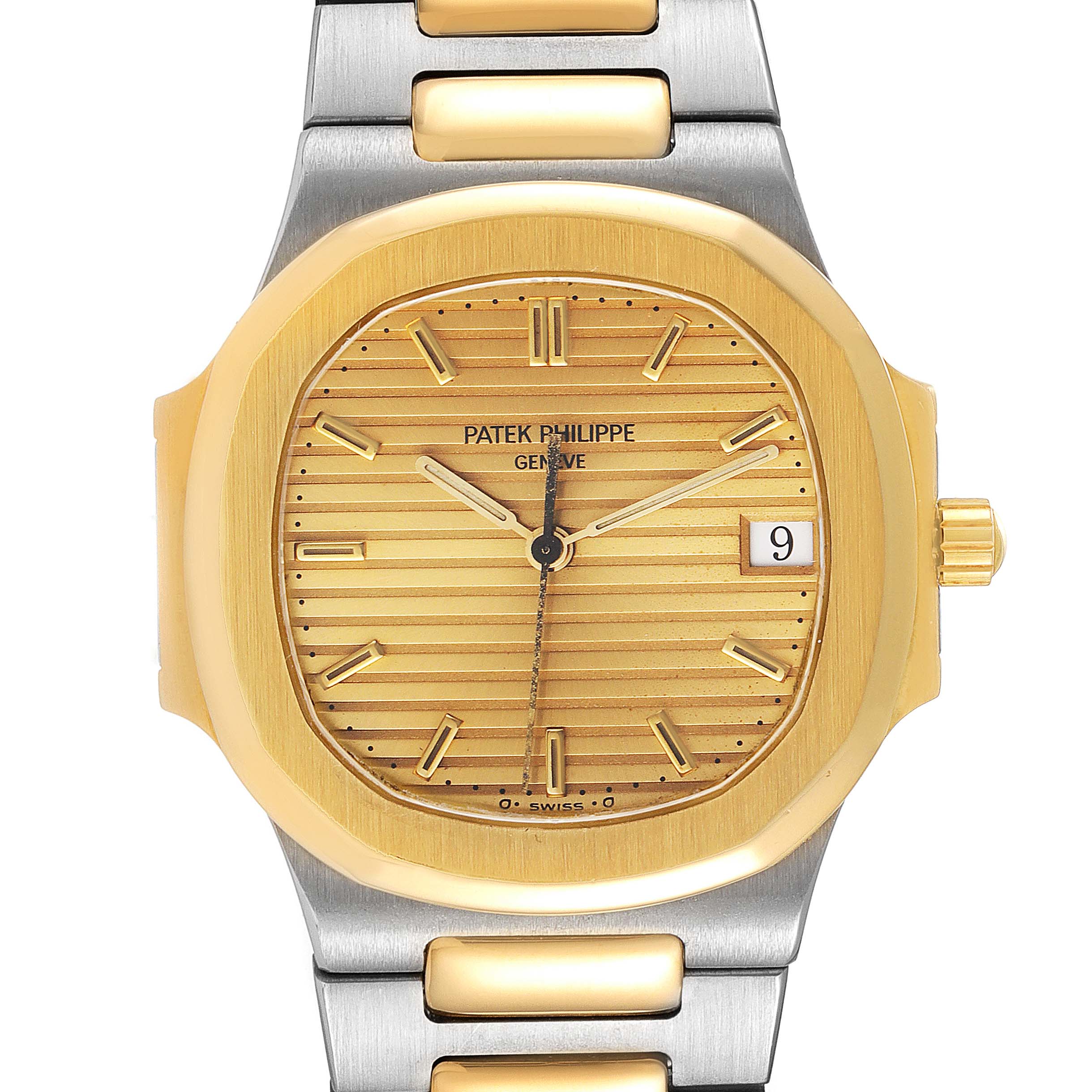 The image shows a front view of a Patek Philippe Nautilus 3900/1J Women's Steel and Gold (two tone) Champagne Dial 3900/1J Women's Steel and Gold (two tone) Champagne Dial watch, highlighting its golden dial, hands, and bracelet.