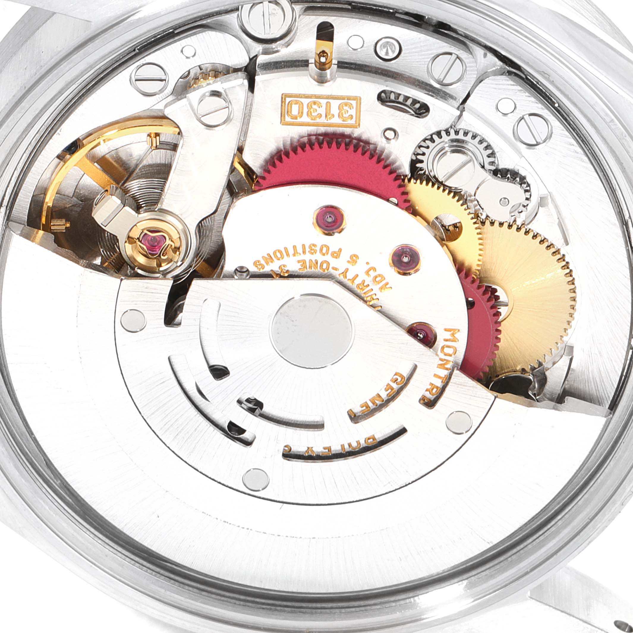 The image shows a close-up of the Rolex Air-King 14010 Men's Stainless Steel Black Dial 14010 Men's Stainless Steel Black Dial watch's internal mechanical movement parts.