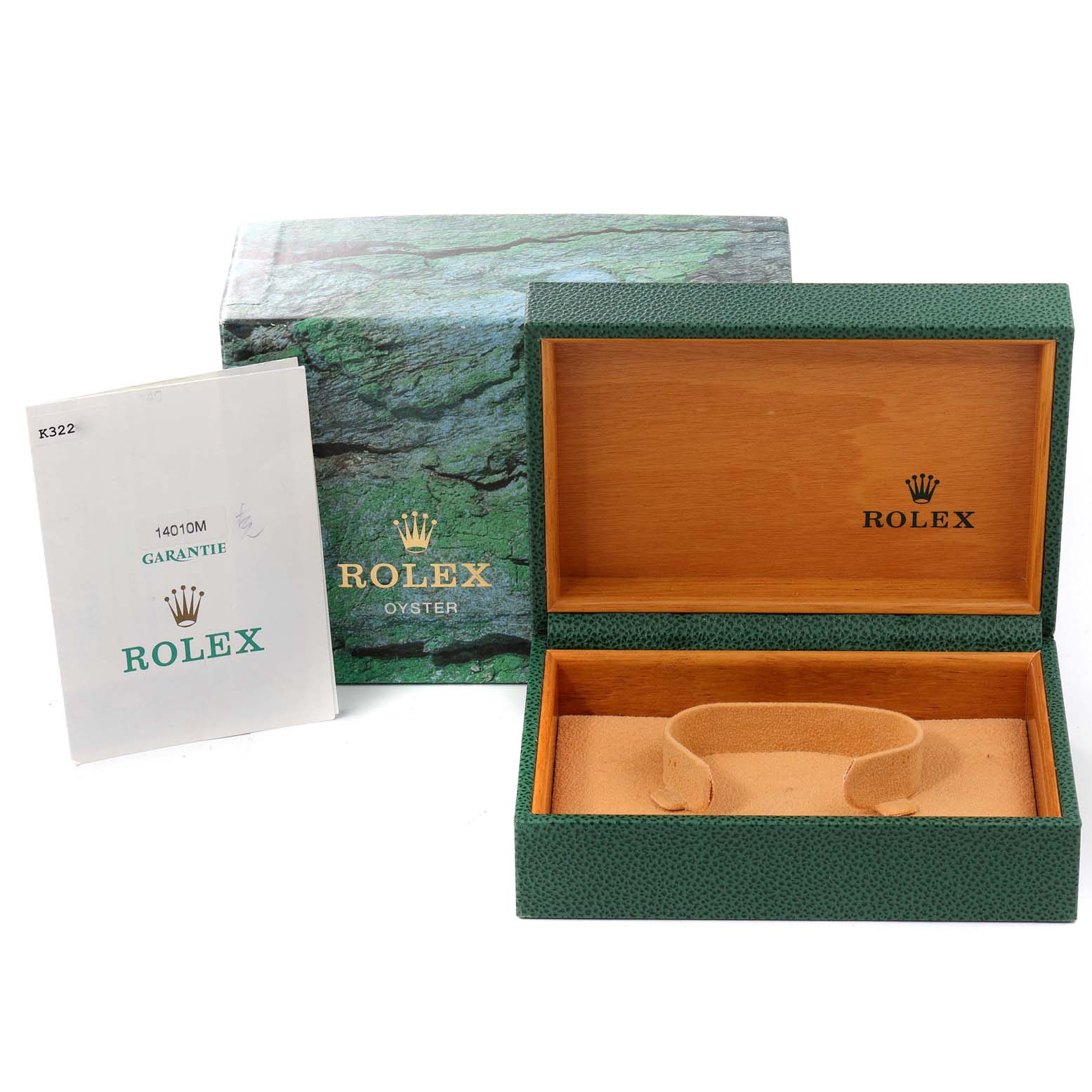The image shows the open green box, outer packaging, and guarantee manual for a Rolex Air-King 14010 Men's Stainless Steel Black Dial 14010 Men's Stainless Steel Black Dial watch, from a frontal angle.