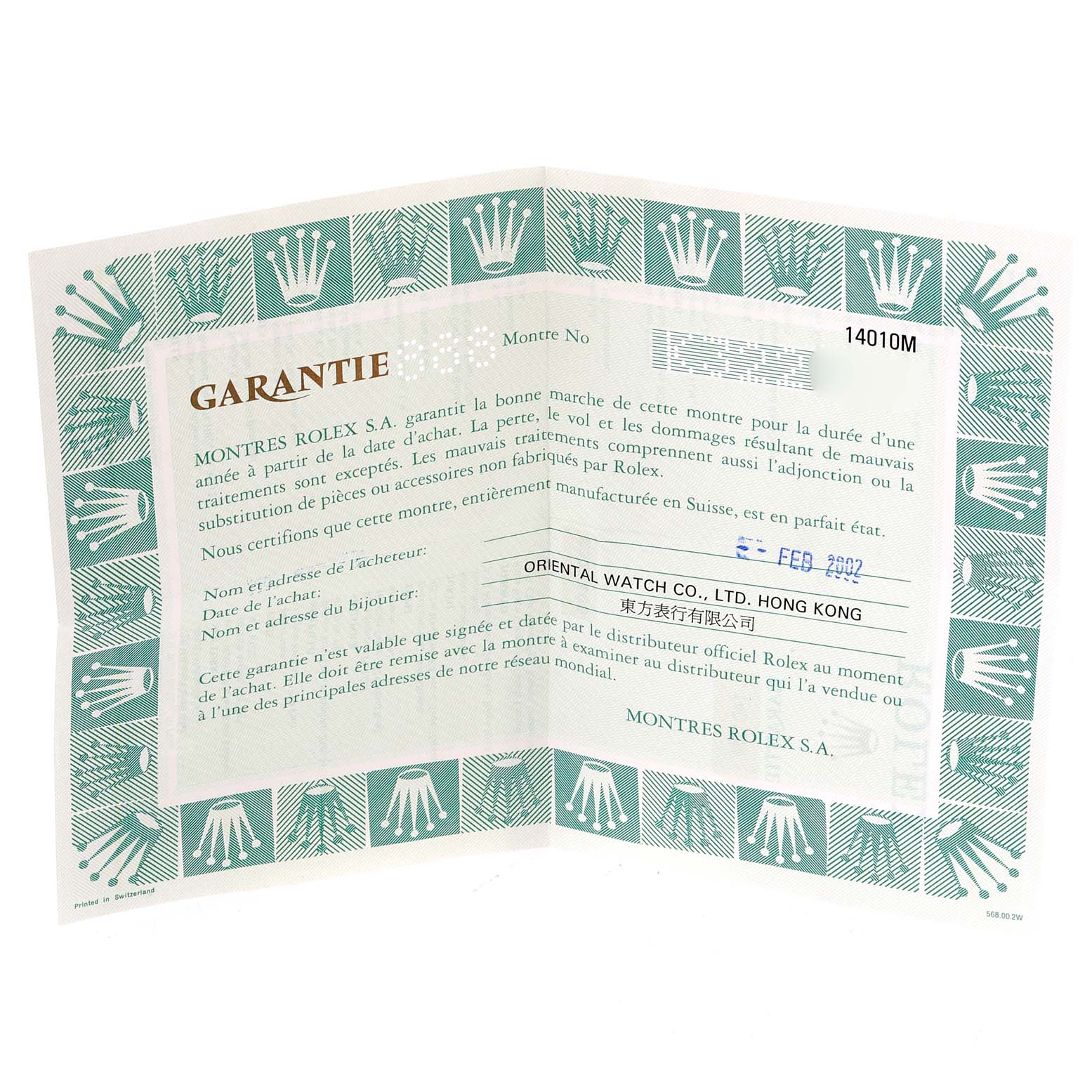 The image shows an open warranty certificate for a Rolex Air-King 14010 Men's Stainless Steel Black Dial 14010 Men's Stainless Steel Black Dial watch, displaying brand logos and details in French.