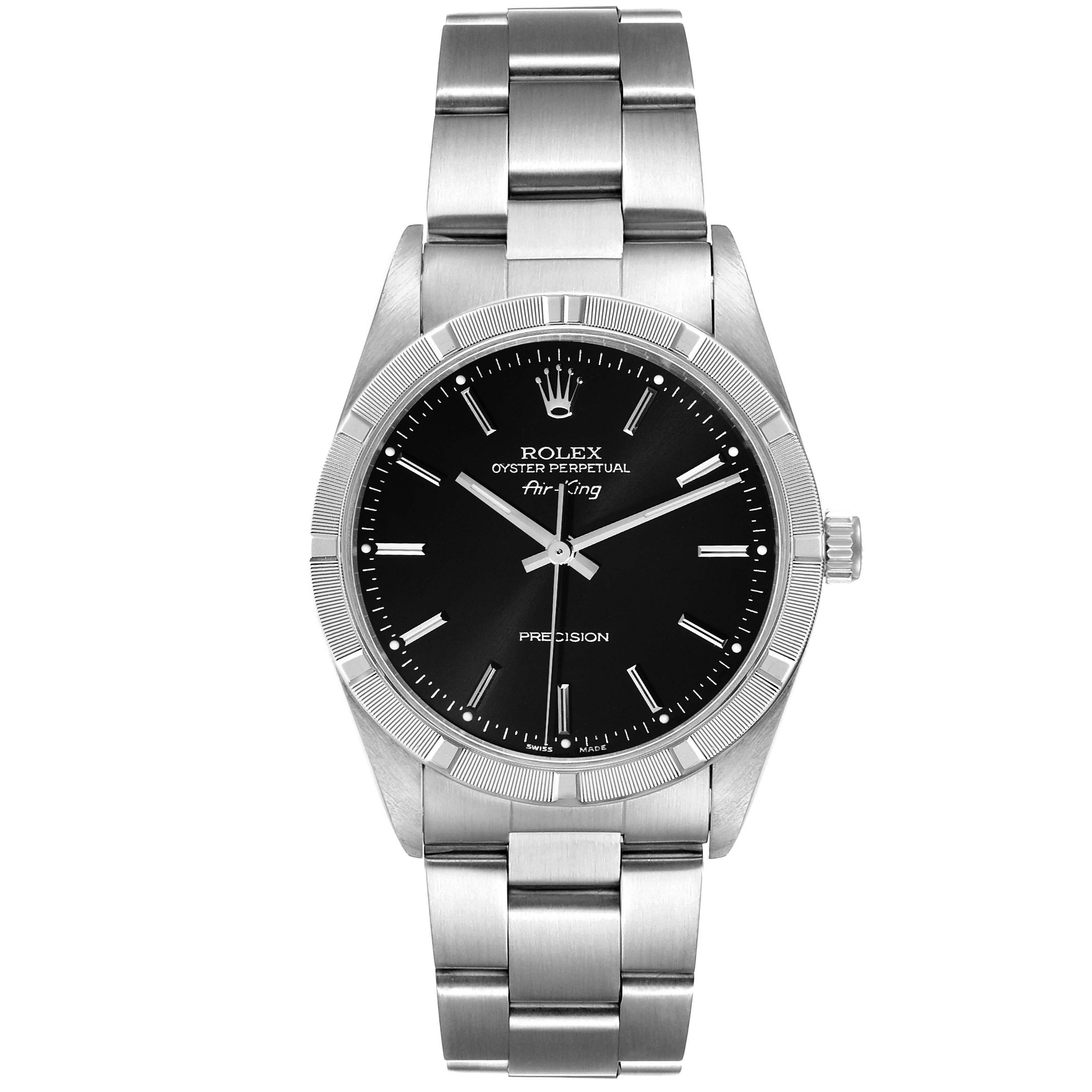 This is a front view of the Rolex Air-King 14010 Men's Stainless Steel Black Dial 14010 Men's Stainless Steel Black Dial watch, showing the dial, bezel, bracelet, and crown.