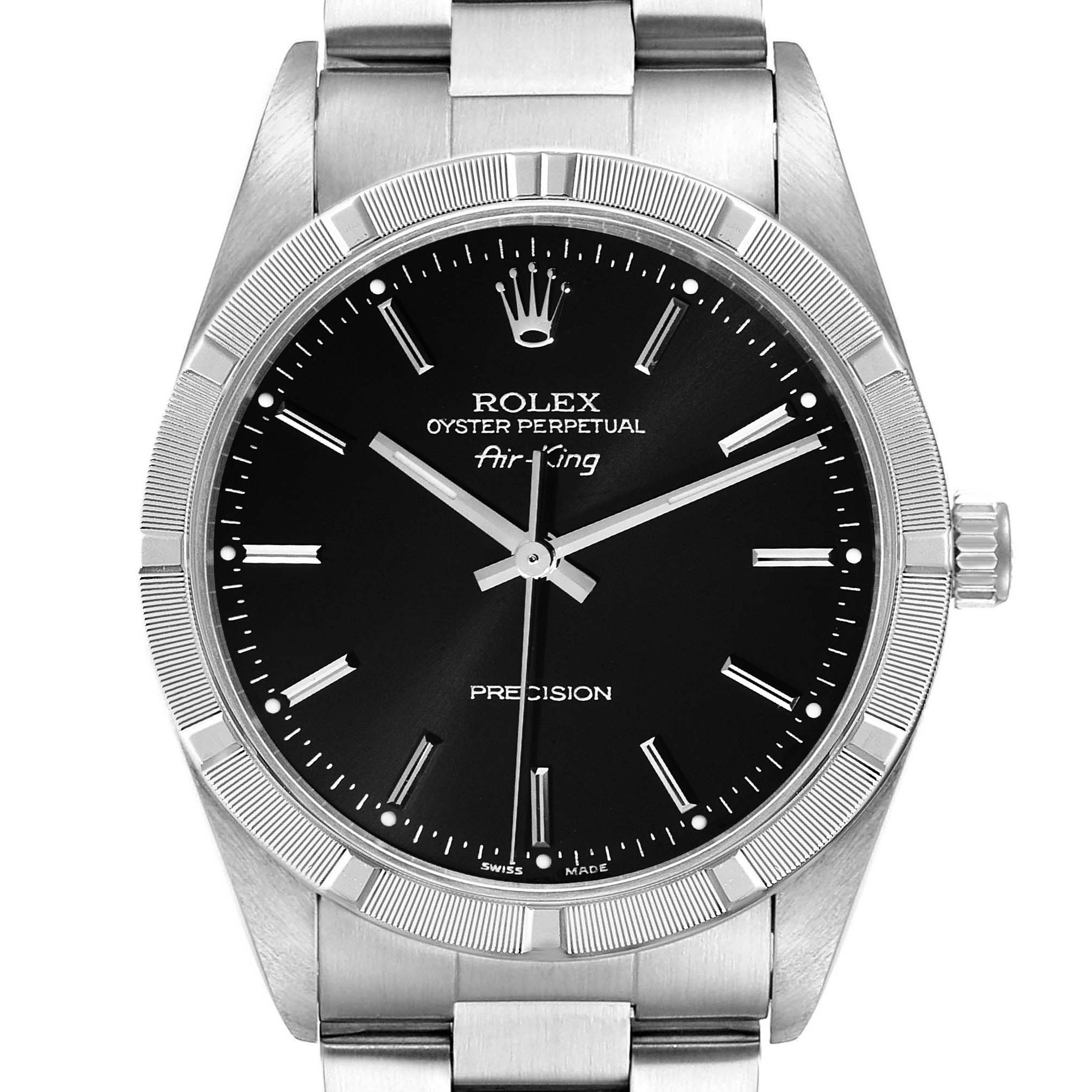 The Rolex Air-King 14010 Men's Stainless Steel Black Dial 14010 Men's Stainless Steel Black Dial watch is shown from a front angle, highlighting the dial, bracelet, bezel, and crown.