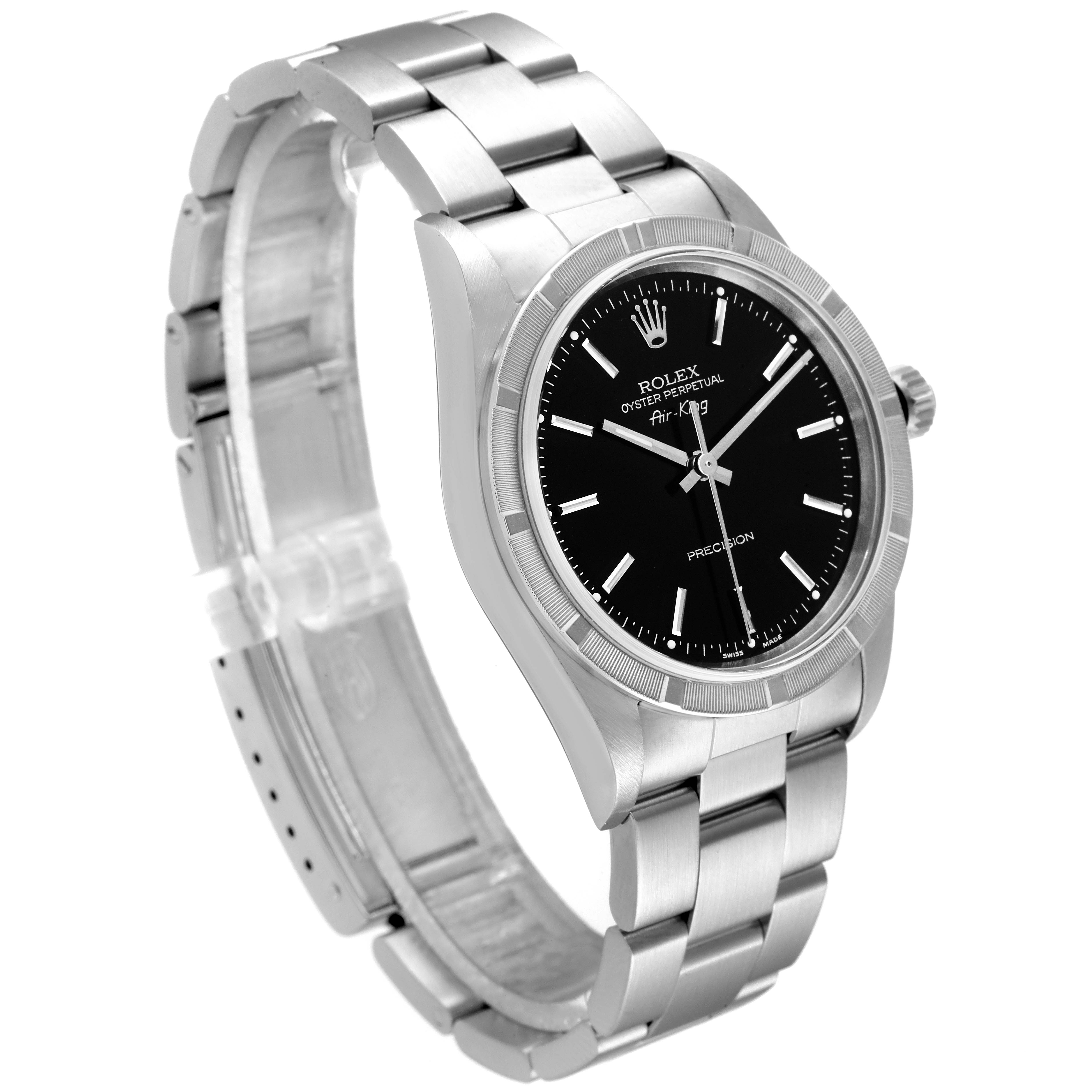 The image shows a Rolex Air-King 14010 Men's Stainless Steel Black Dial 14010 Men's Stainless Steel Black Dial watch at a three-quarter angle, displaying the face, bezel, and part of the bracelet.