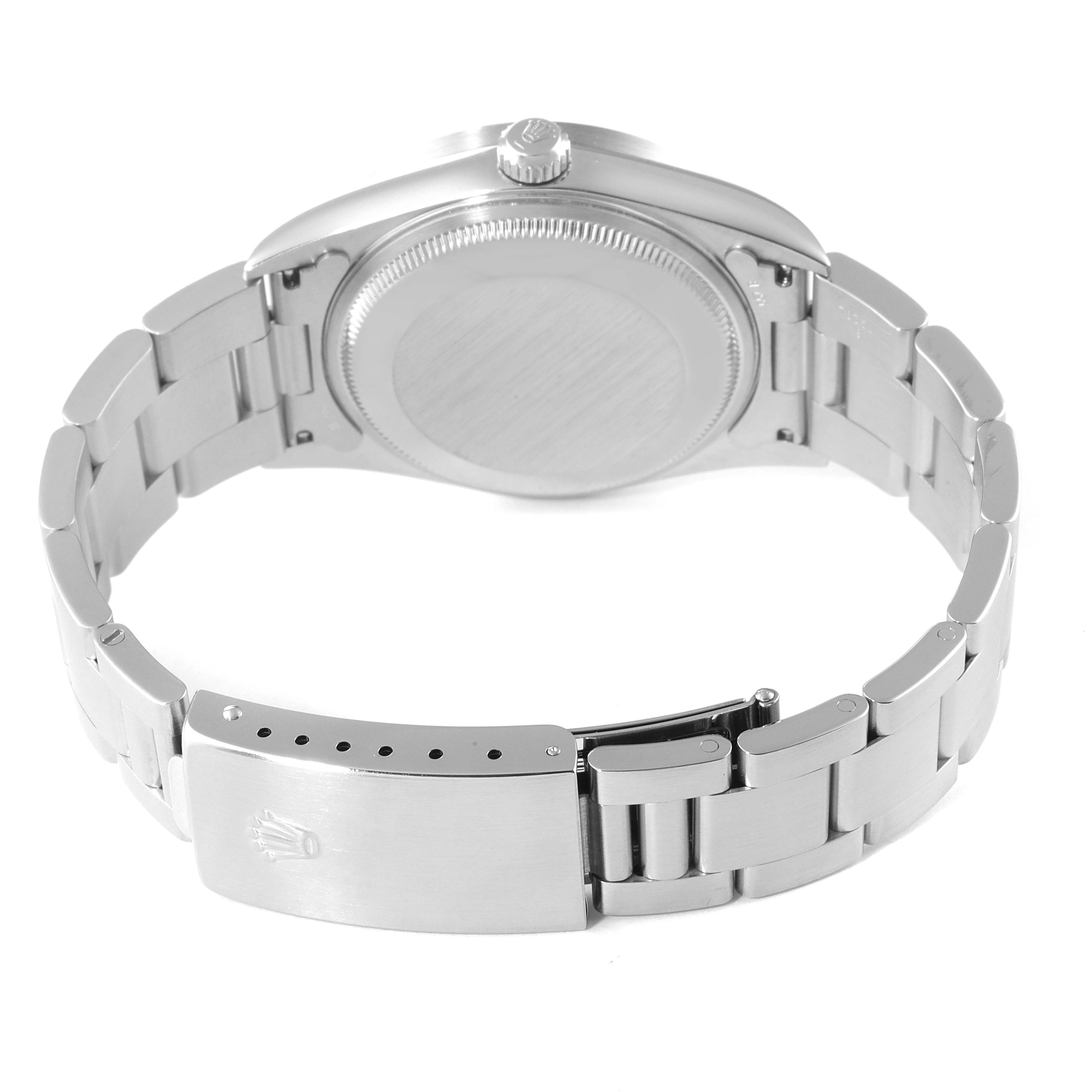 This image shows the backside and bracelet of the Rolex Air-King 14010 Men's Stainless Steel Black Dial 14010 Men's Stainless Steel Black Dial, highlighting the clasp and case back.