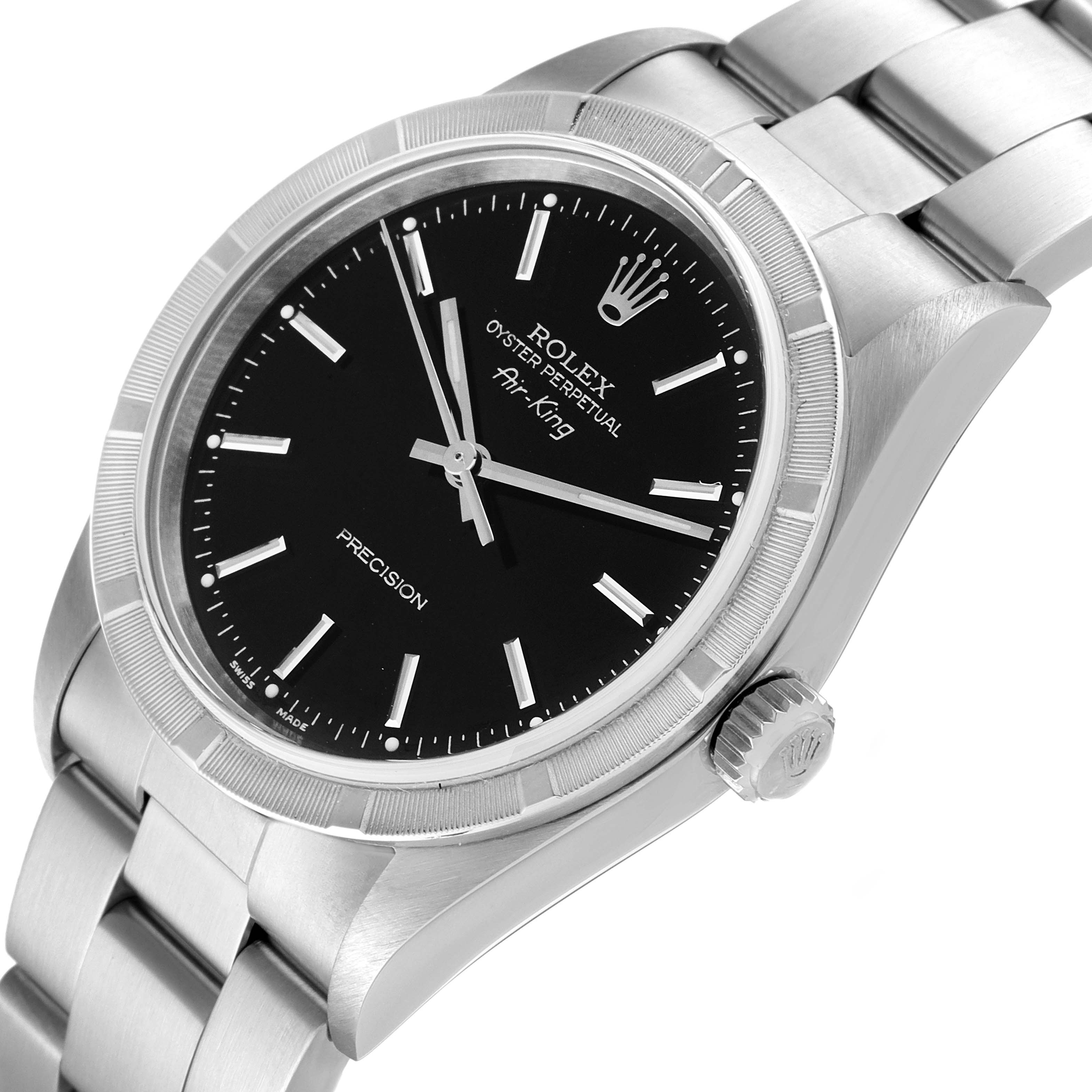 This image shows the Rolex Air-King 14010 Men's Stainless Steel Black Dial 14010 Men's Stainless Steel Black Dial watch at an angled view, highlighting the dial, bezel, crown, and part of the bracelet.