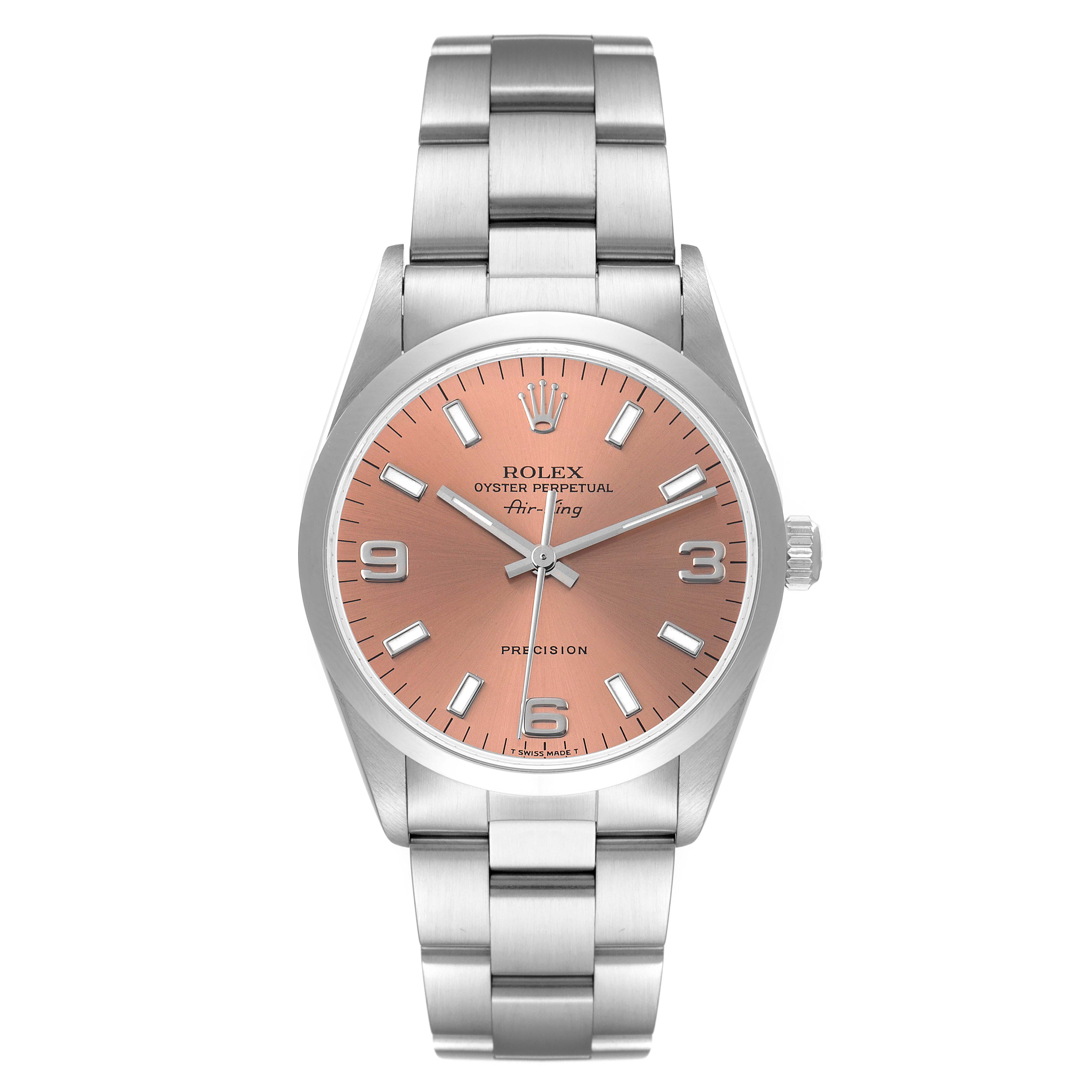 The image shows the front view of a Rolex Air-King 14000 Men's Stainless Steel Pink Dial 14000 Men's Stainless Steel Pink Dial watch, highlighting its dial, bracelet, and crown.