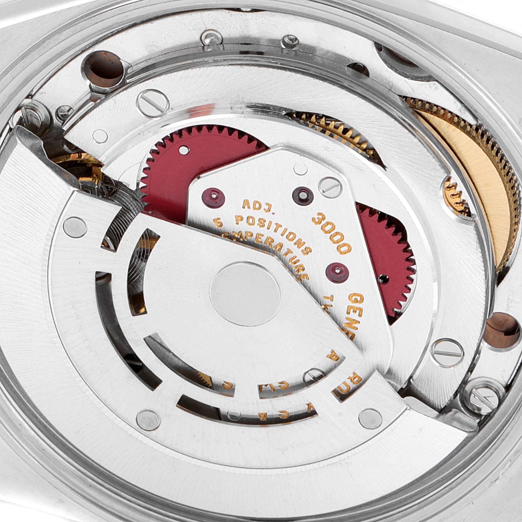 This image shows a close-up view of the movement mechanism from a Rolex Air-King 14000 Men's Stainless Steel Pink Dial 14000 Men's Stainless Steel Pink Dial watch.