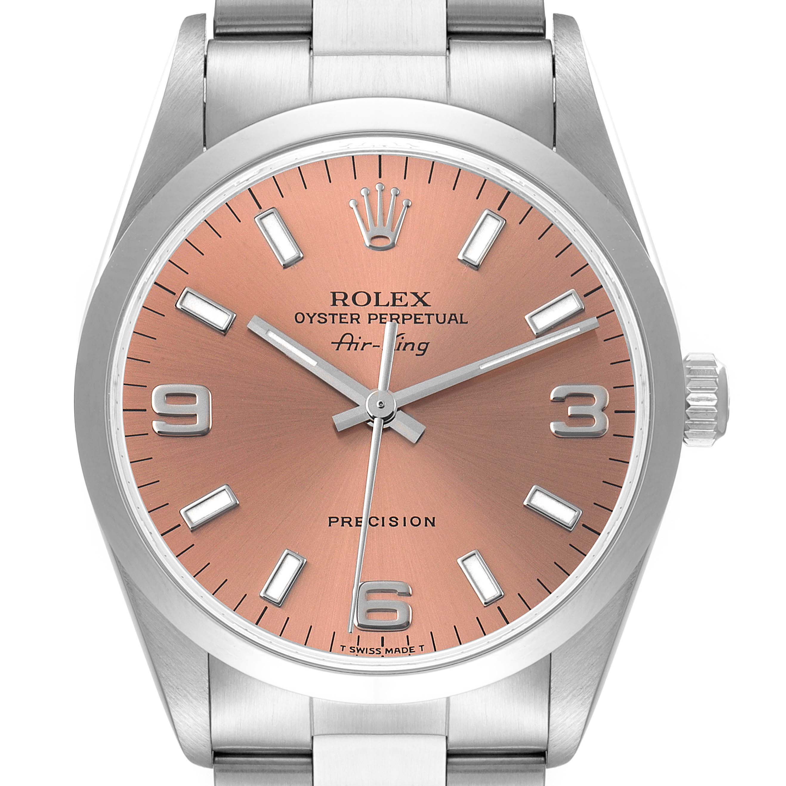 This image shows a frontal view of the Rolex Air-King 14000 Men's Stainless Steel Pink Dial 14000 Men's Stainless Steel Pink Dial watch, displaying its dial, crown, and part of the bracelet.