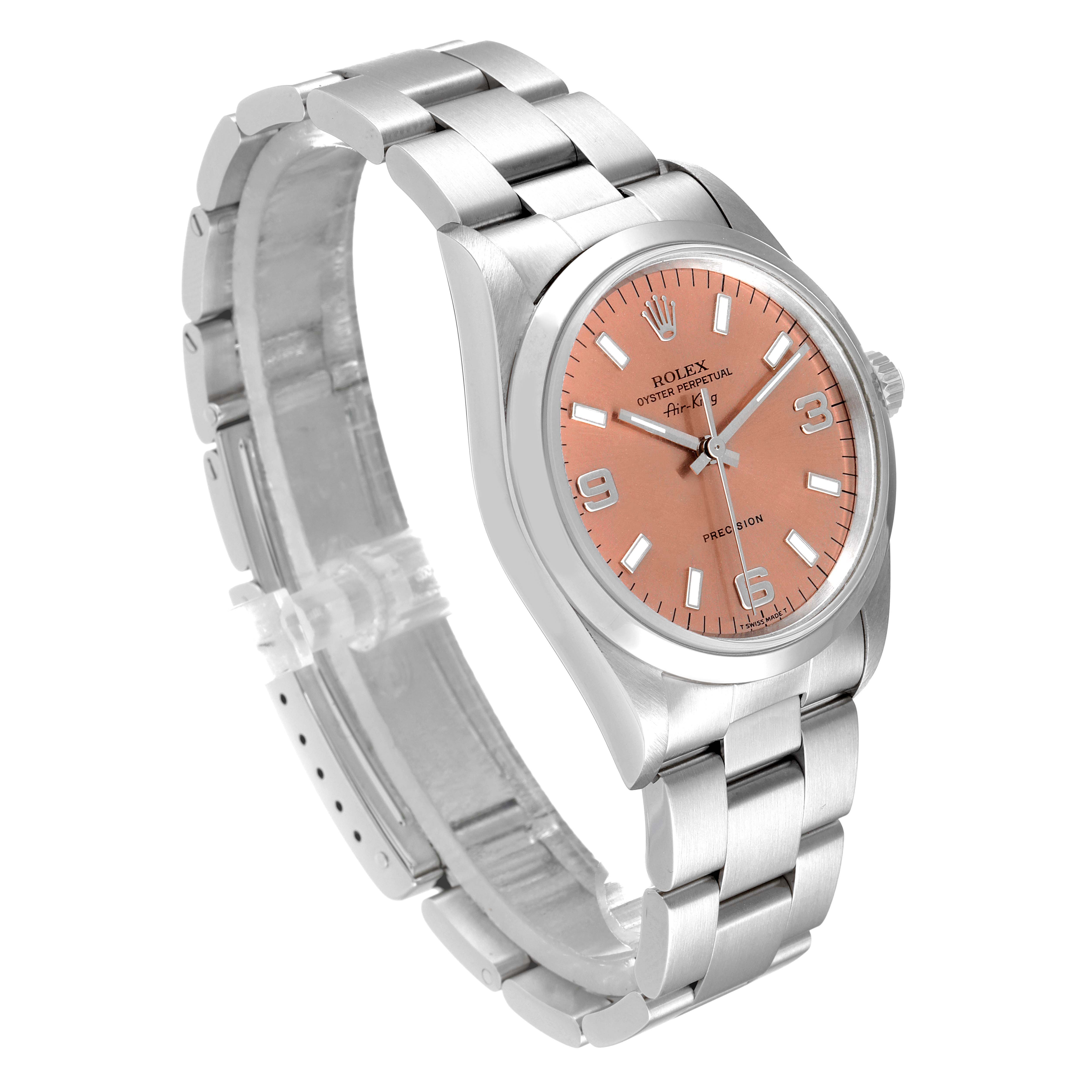 The image shows a front angled view of the Rolex Air-King 14000 Men's Stainless Steel Pink Dial 14000 Men's Stainless Steel Pink Dial watch, highlighting its face, case, and bracelet.