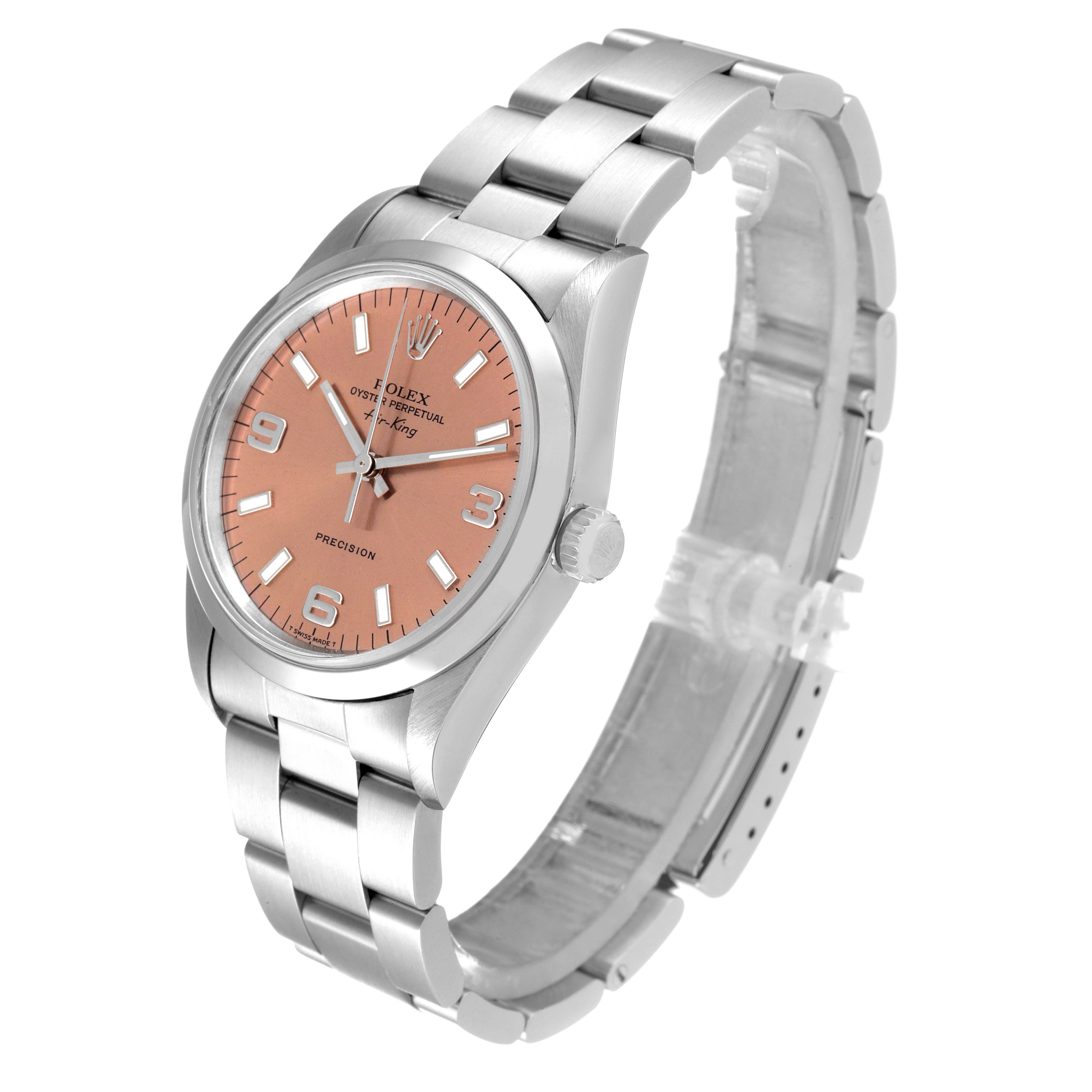 The Rolex Air-King 14000 Men's Stainless Steel Pink Dial 14000 Men's Stainless Steel Pink Dial watch is shown at a three-quarter angle, highlighting its pink dial, silver hands, numerals, and metal bracelet.