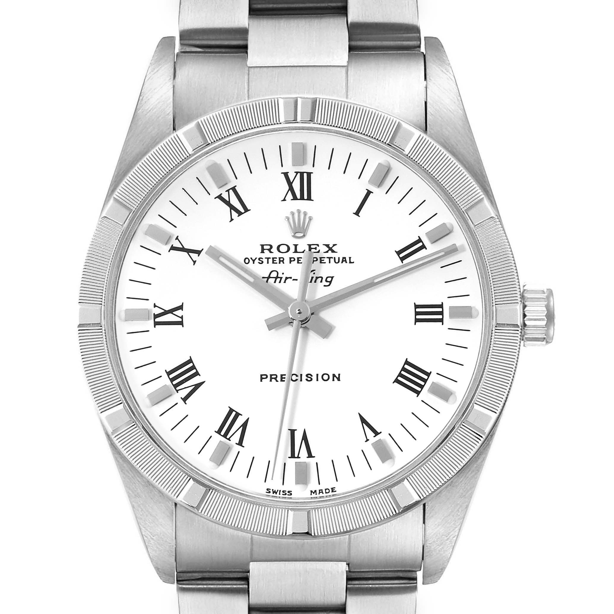 Close-up front view of the Rolex Air-King 14010M Men's Stainless Steel White Dial 14010M Men's Stainless Steel White Dial watch, showing the dial, hands, bezel, and part of the bracelet.