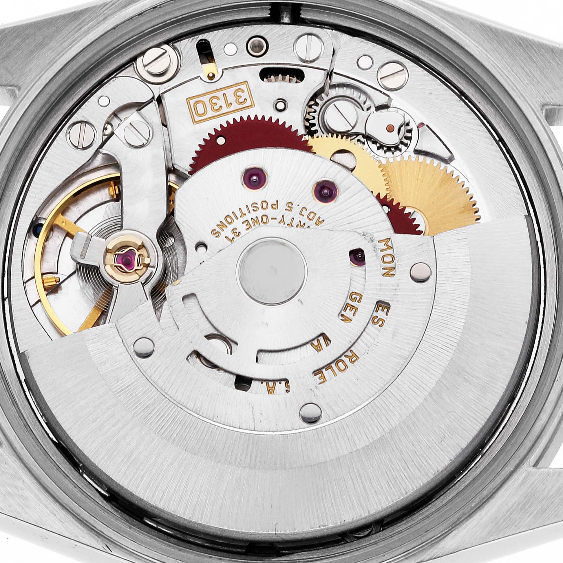 This image shows the detailed movement mechanism of the Rolex Air-King 14010M Men's Stainless Steel White Dial 14010M Men's Stainless Steel White Dial watch, seen from the back.
