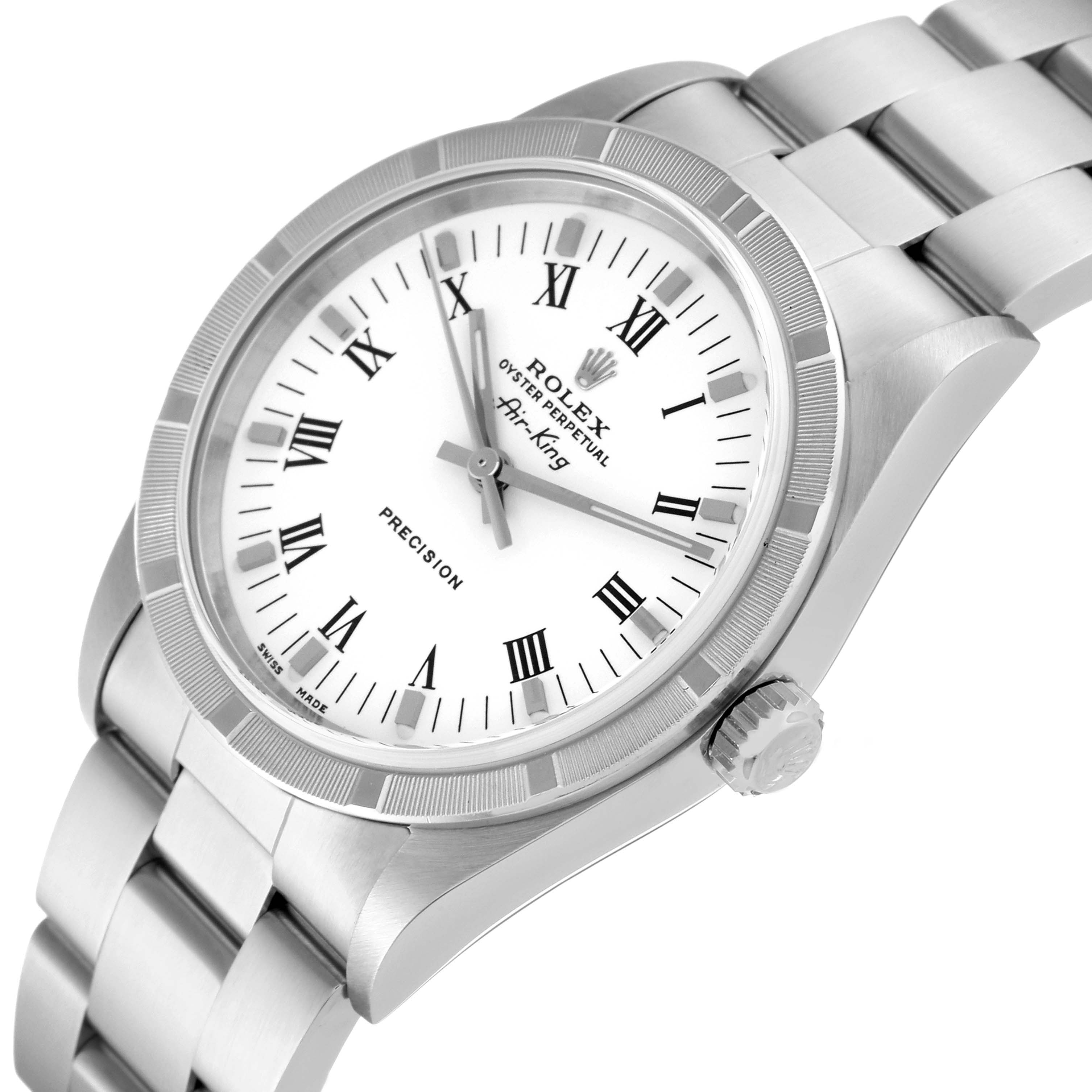 The image shows a Rolex Air-King 14010M Men's Stainless Steel White Dial 14010M Men's Stainless Steel White Dial watch angled slightly from above, displaying the face, band, and crown.