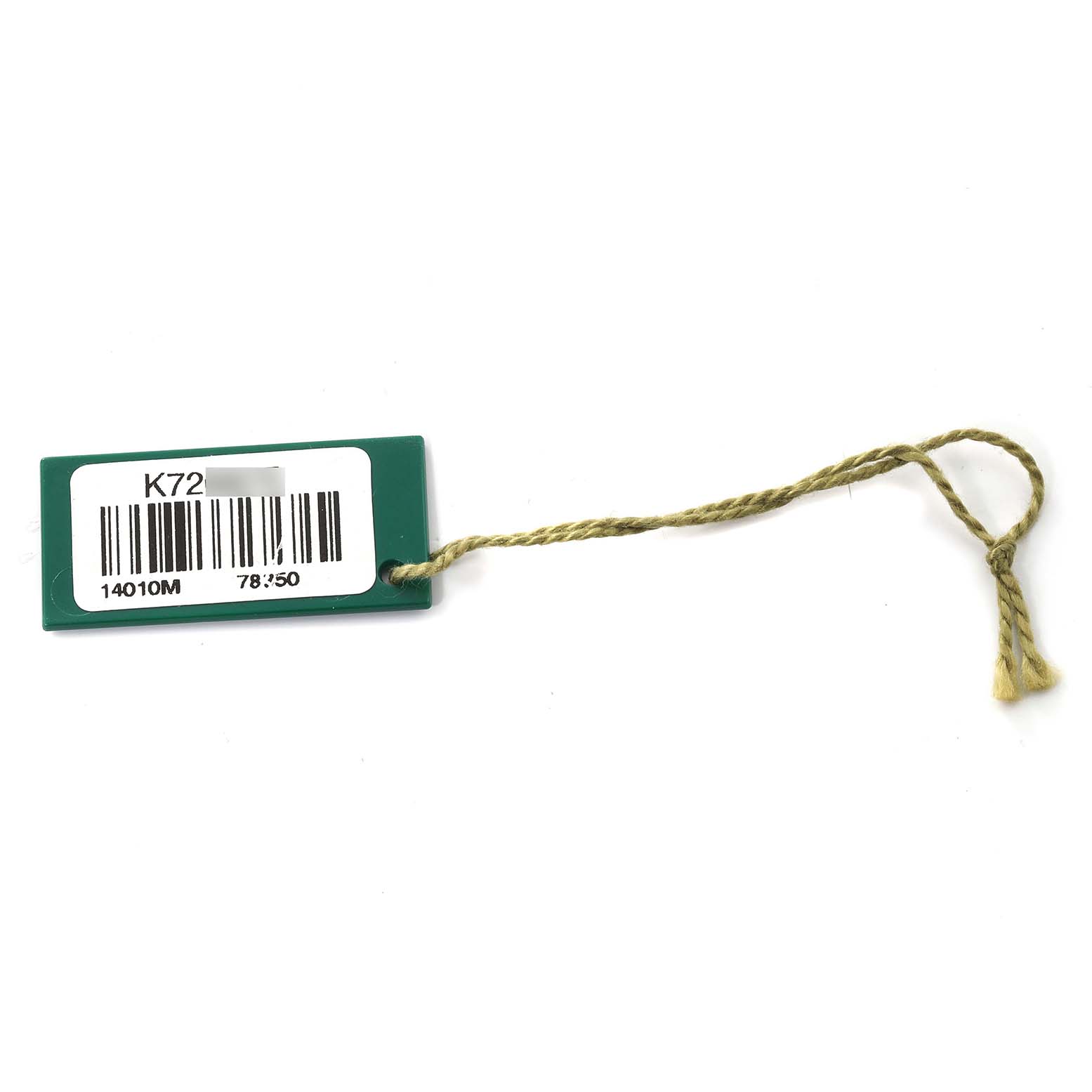 This image shows a green tag with a yellow string for a Rolex Air-King 14010M Men's Stainless Steel White Dial 14010M Men's Stainless Steel White Dial watch.