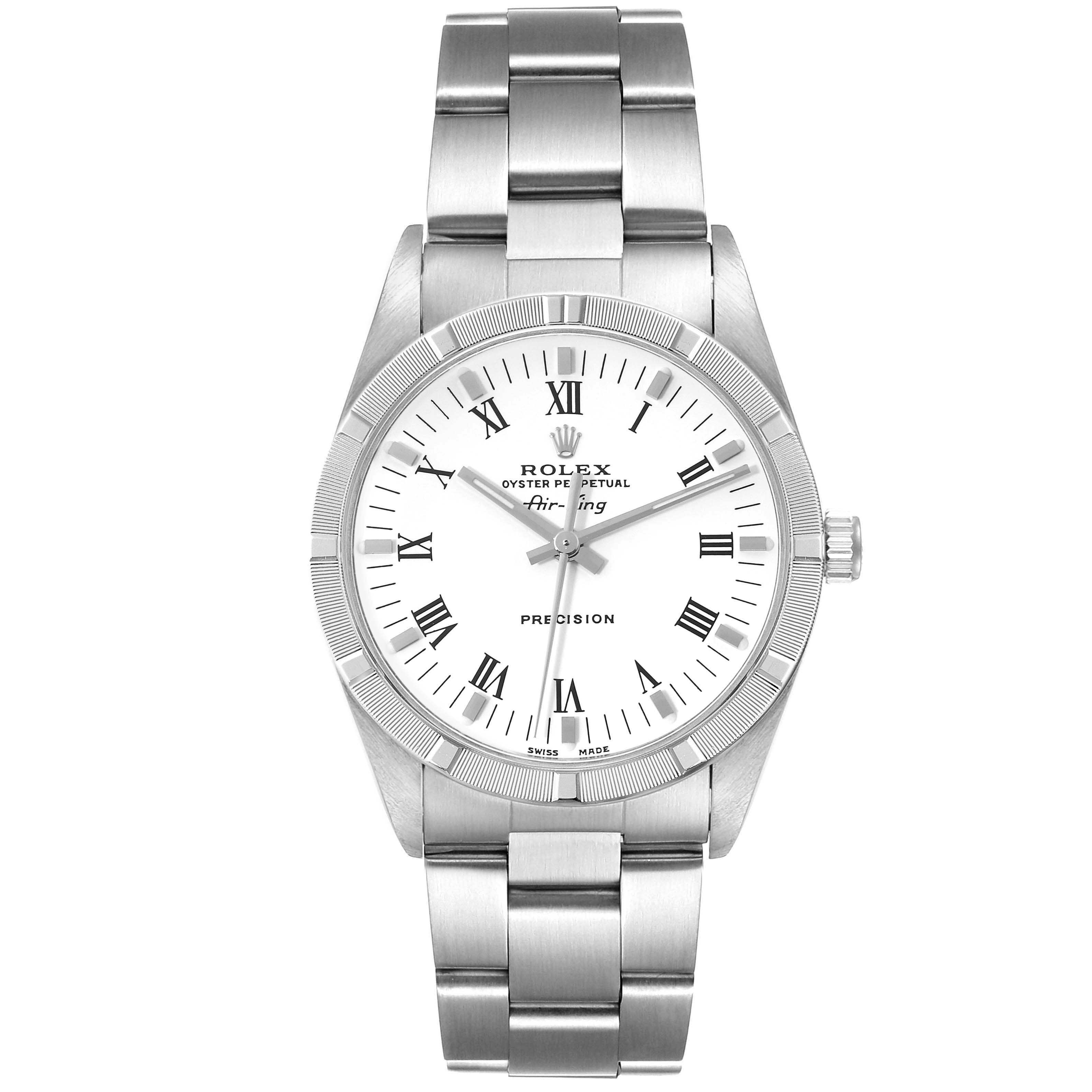 This image displays a Rolex Air-King 14010M Men's Stainless Steel White Dial 14010M Men's Stainless Steel White Dial watch's full front view, showing its dial, case, and bracelet.