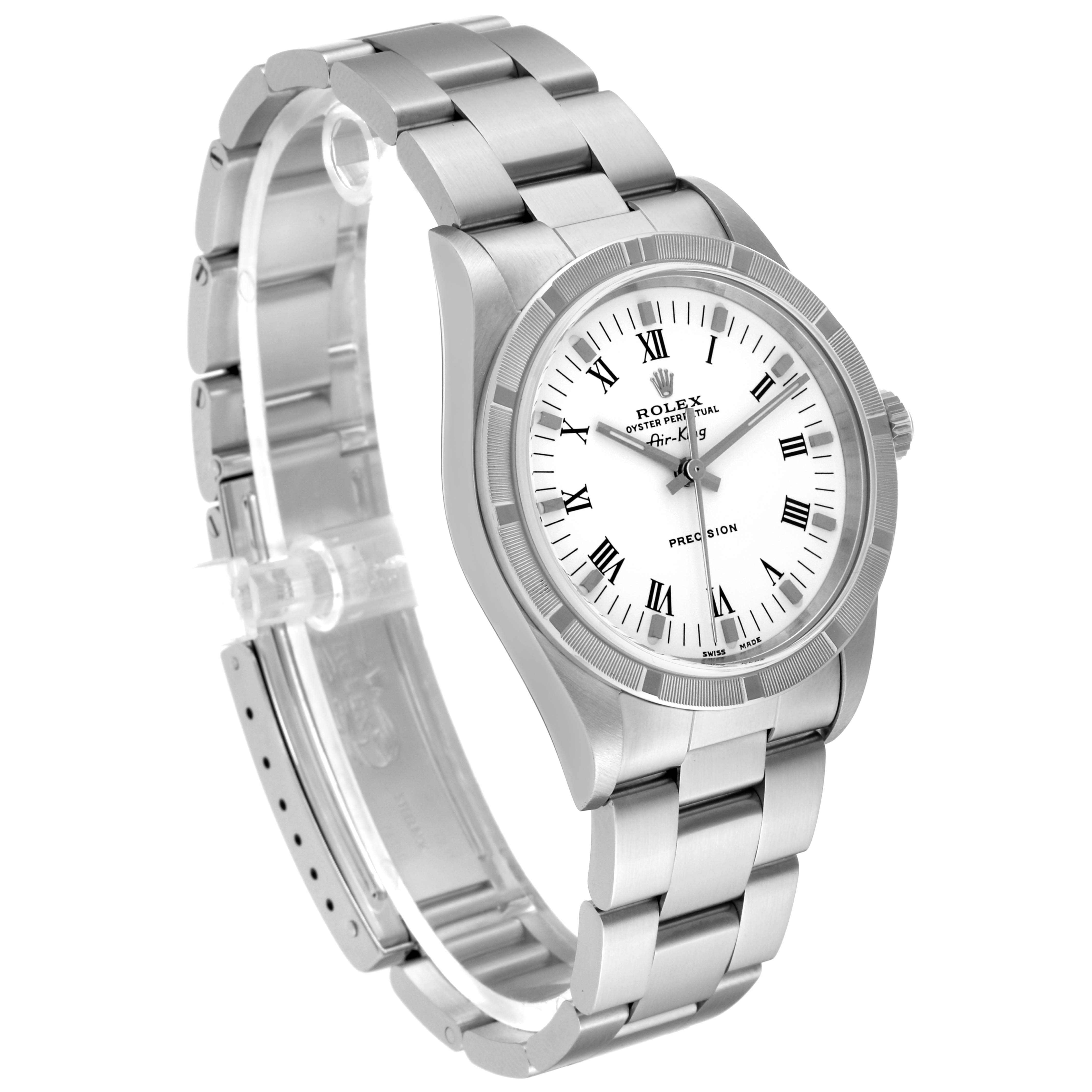 The image shows a Rolex Air-King 14010M Men's Stainless Steel White Dial 14010M Men's Stainless Steel White Dial watch at a three-quarter angle displaying the face, bezel, and bracelet.