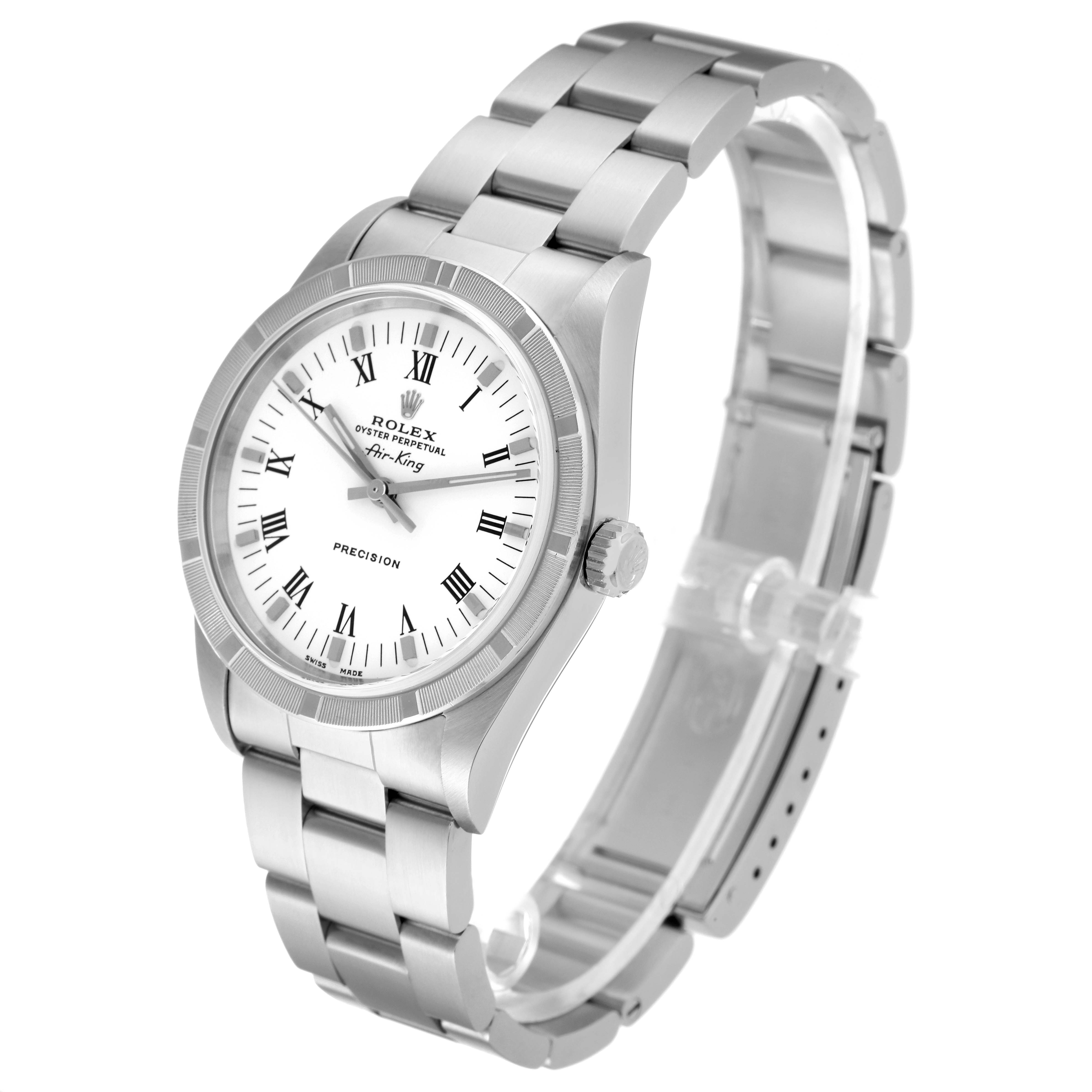 The Rolex Air-King 14010M Men's Stainless Steel White Dial 14010M Men's Stainless Steel White Dial watch is shown at a slight angle, displaying the face, bezel, case, crown, and part of the bracelet.