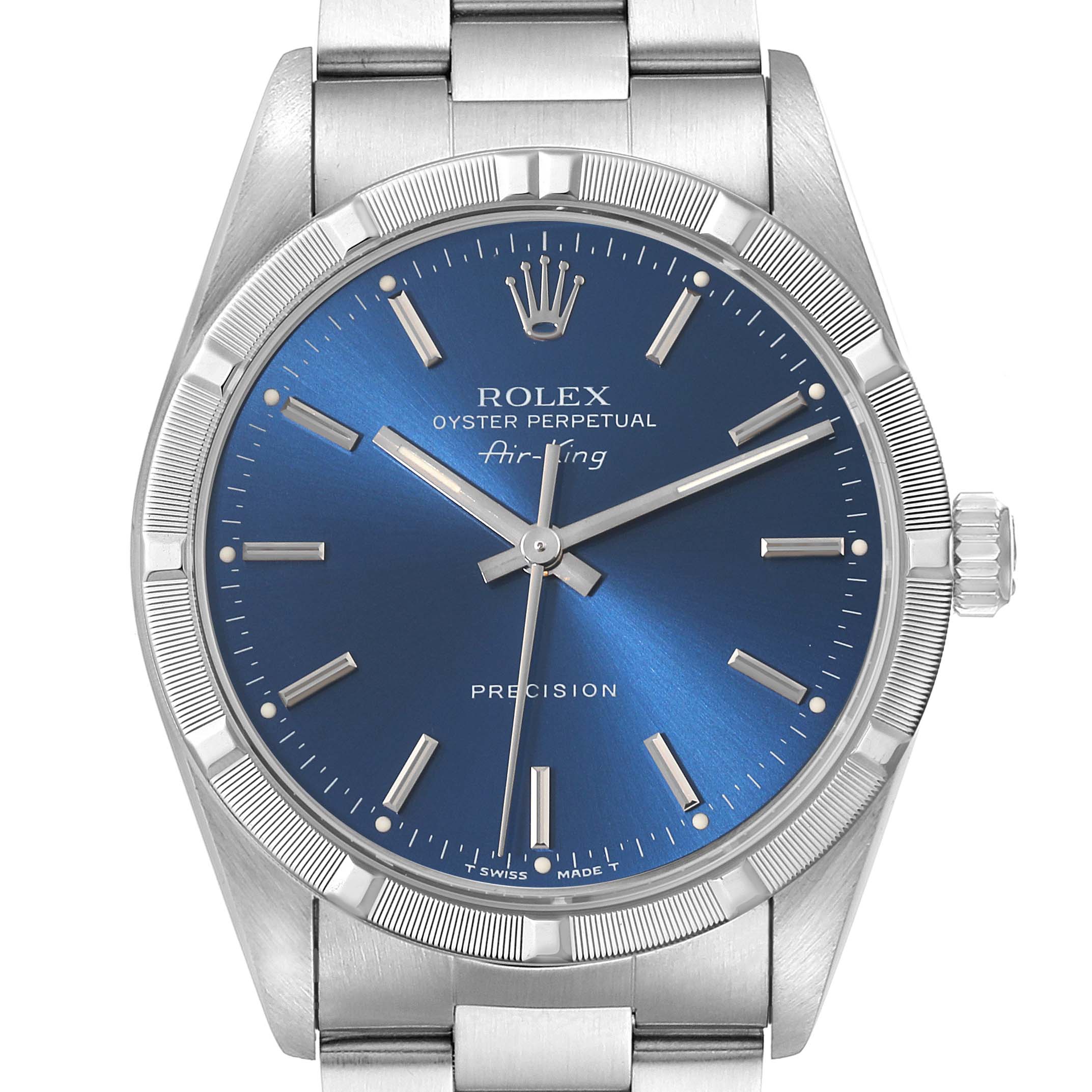 The image shows a front view of the Rolex Air-King 14010 Men's Stainless Steel Blue Dial 14010 Men's Stainless Steel Blue Dial watch, highlighting its blue dial, bezel, and stainless steel bracelet.