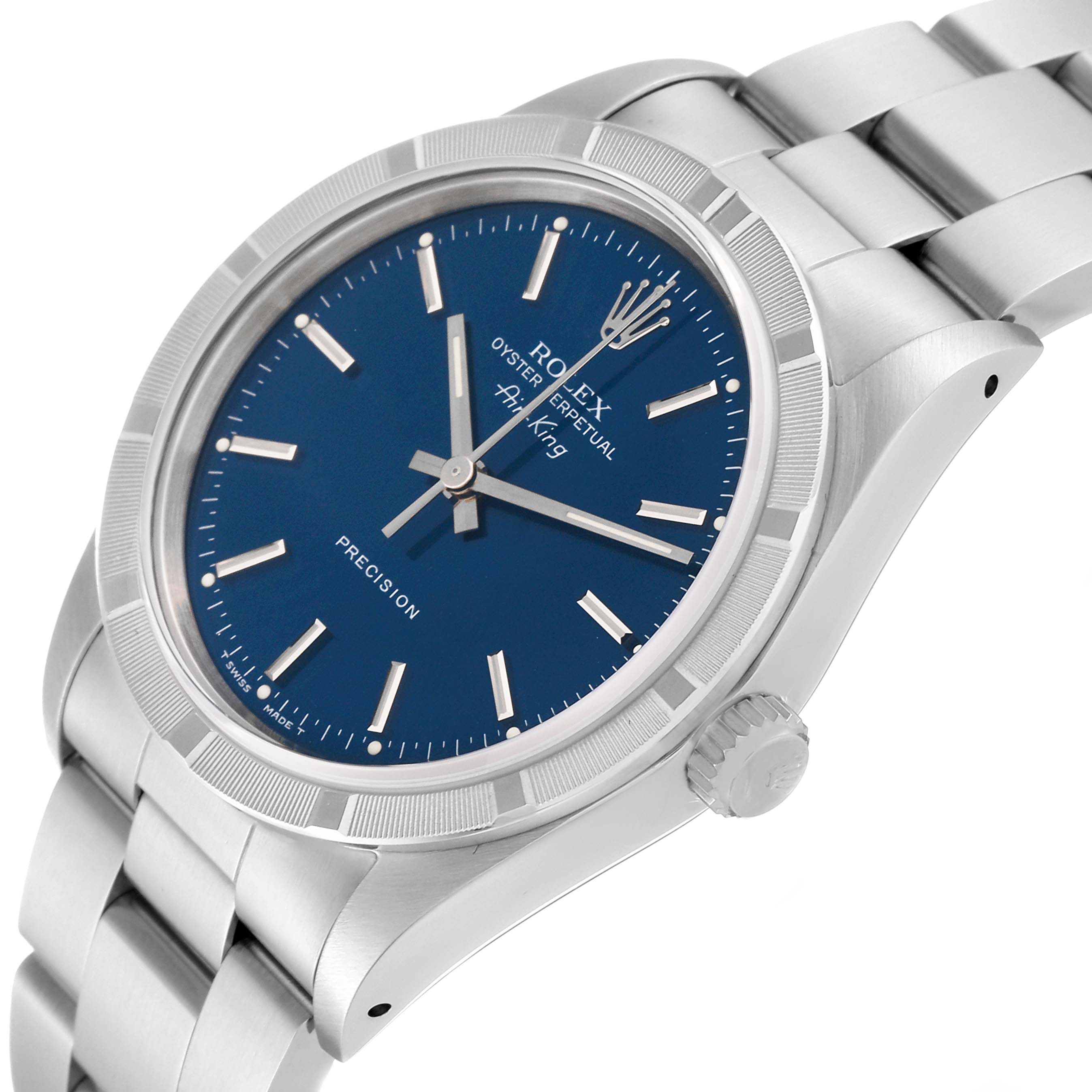 This image shows a Rolex Air-King 14010 Men's Stainless Steel Blue Dial 14010 Men's Stainless Steel Blue Dial watch at an angle highlighting its blue dial, screw-down crown, and part of the stainless steel bracelet.