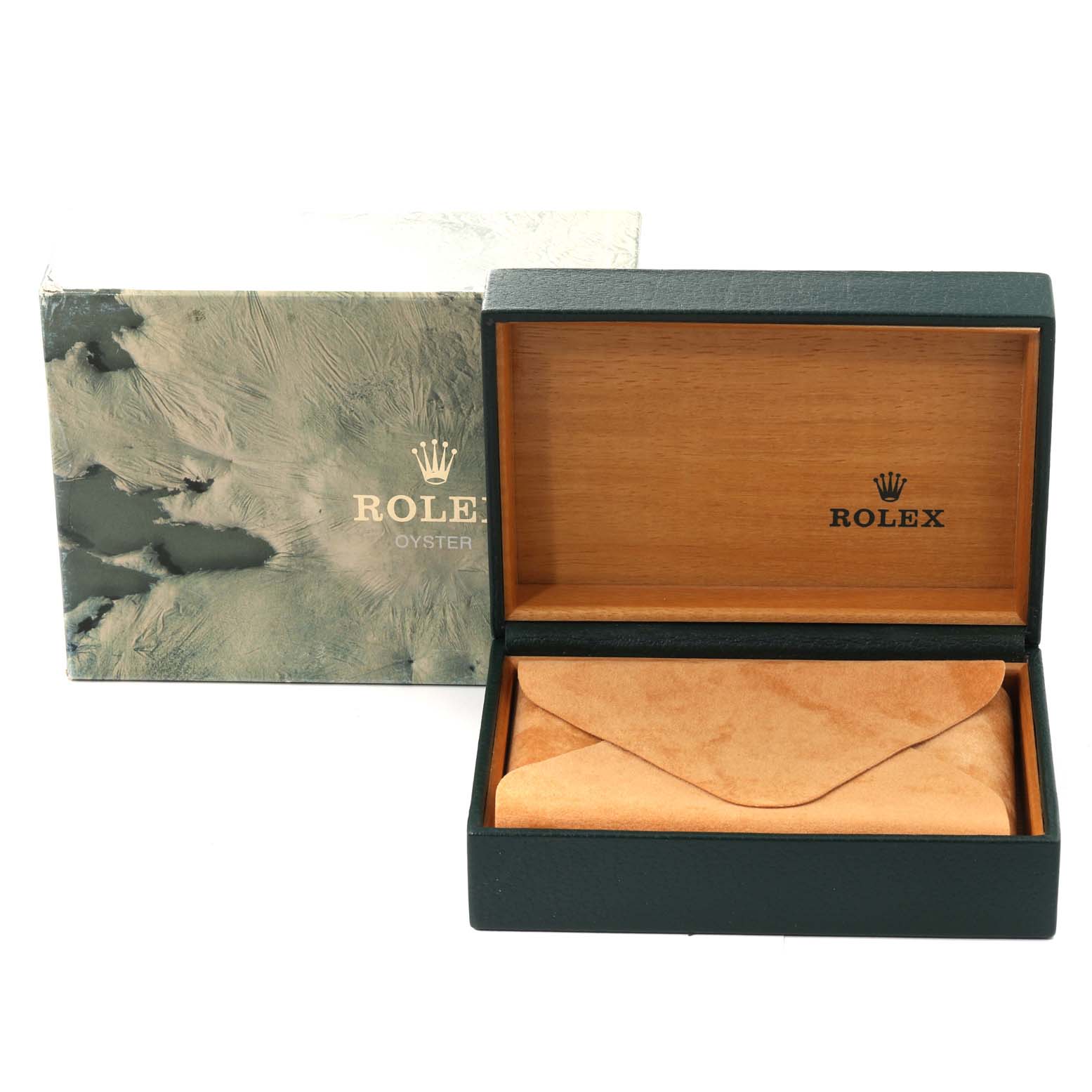 The image shows the box and packaging for the Rolex Air-King 14010 Men's Stainless Steel Blue Dial 14010 Men's Stainless Steel Blue Dial, including the outer box and open wooden inner box.
